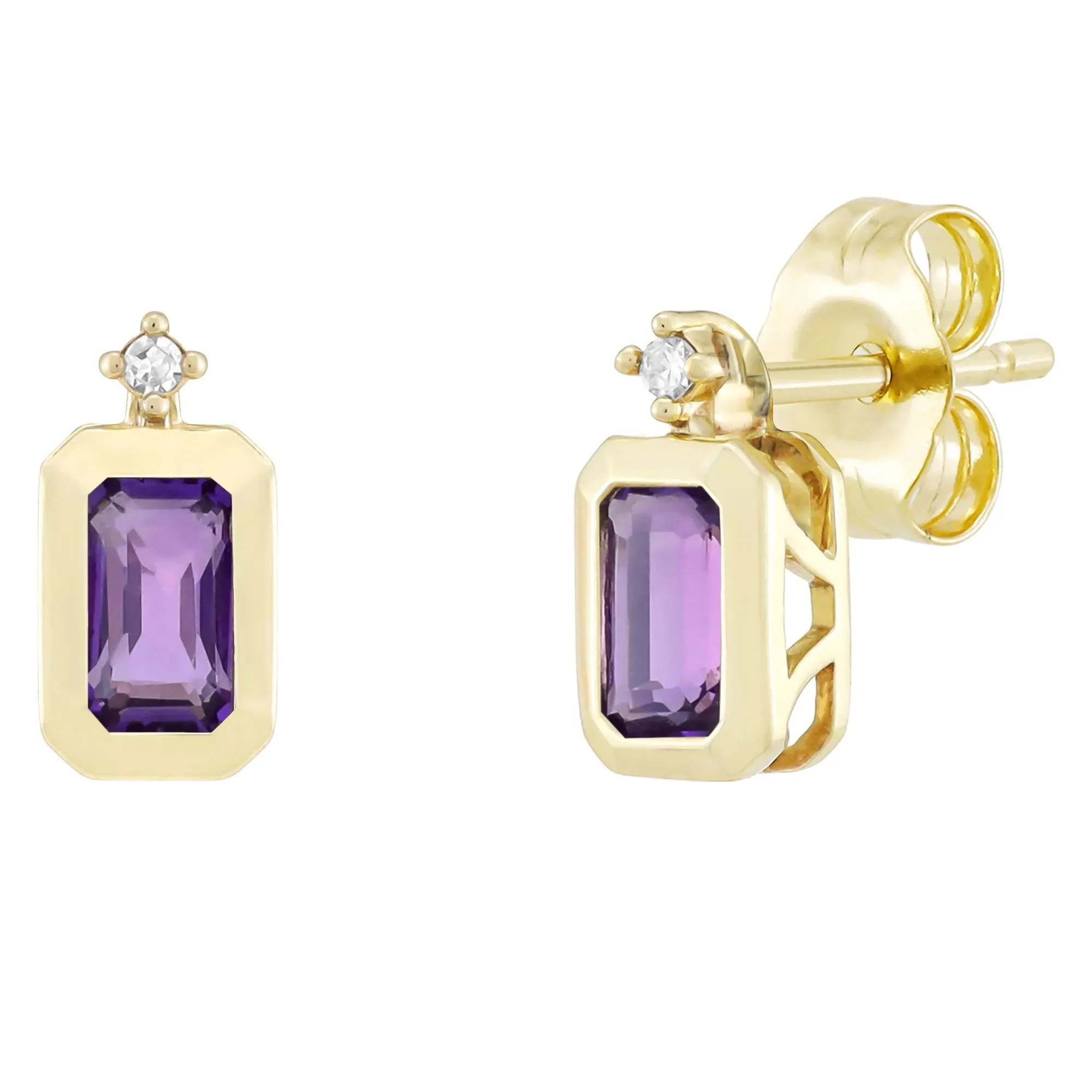 Emerald-Cut Amethyst and Diamond Accent Bezel Earrings 10K Yellow Gold Size 8.50mm