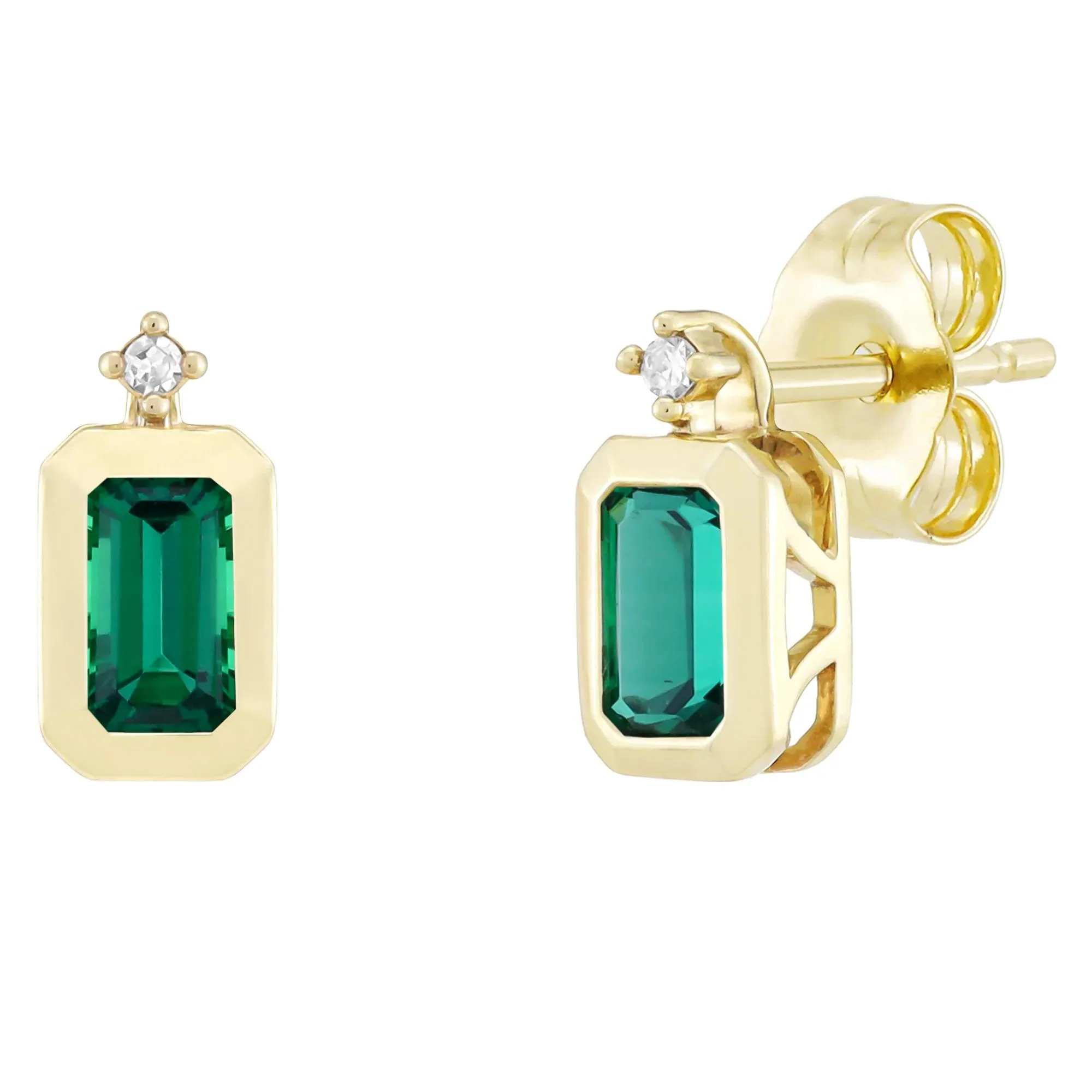 Emerald-Cut Lab-Created Emerald and Diamond Accent Bezel Earrings 10K Yellow Gold Size 8.50mm