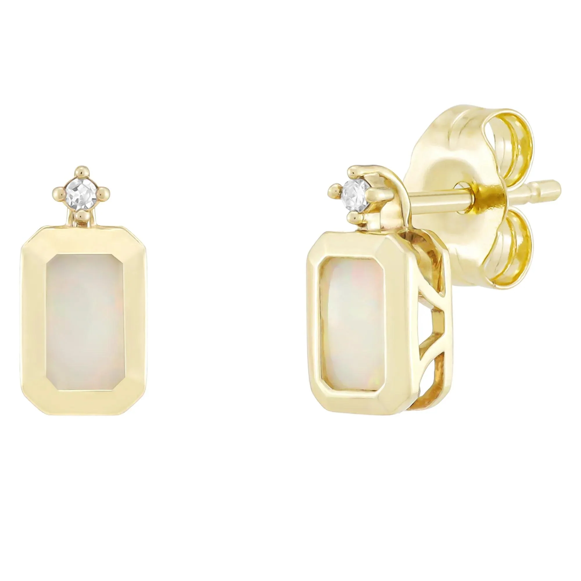Emerald-Cut Opal and Diamond Accent Bezel Earrings 10K Yellow Gold Size 8.50mm