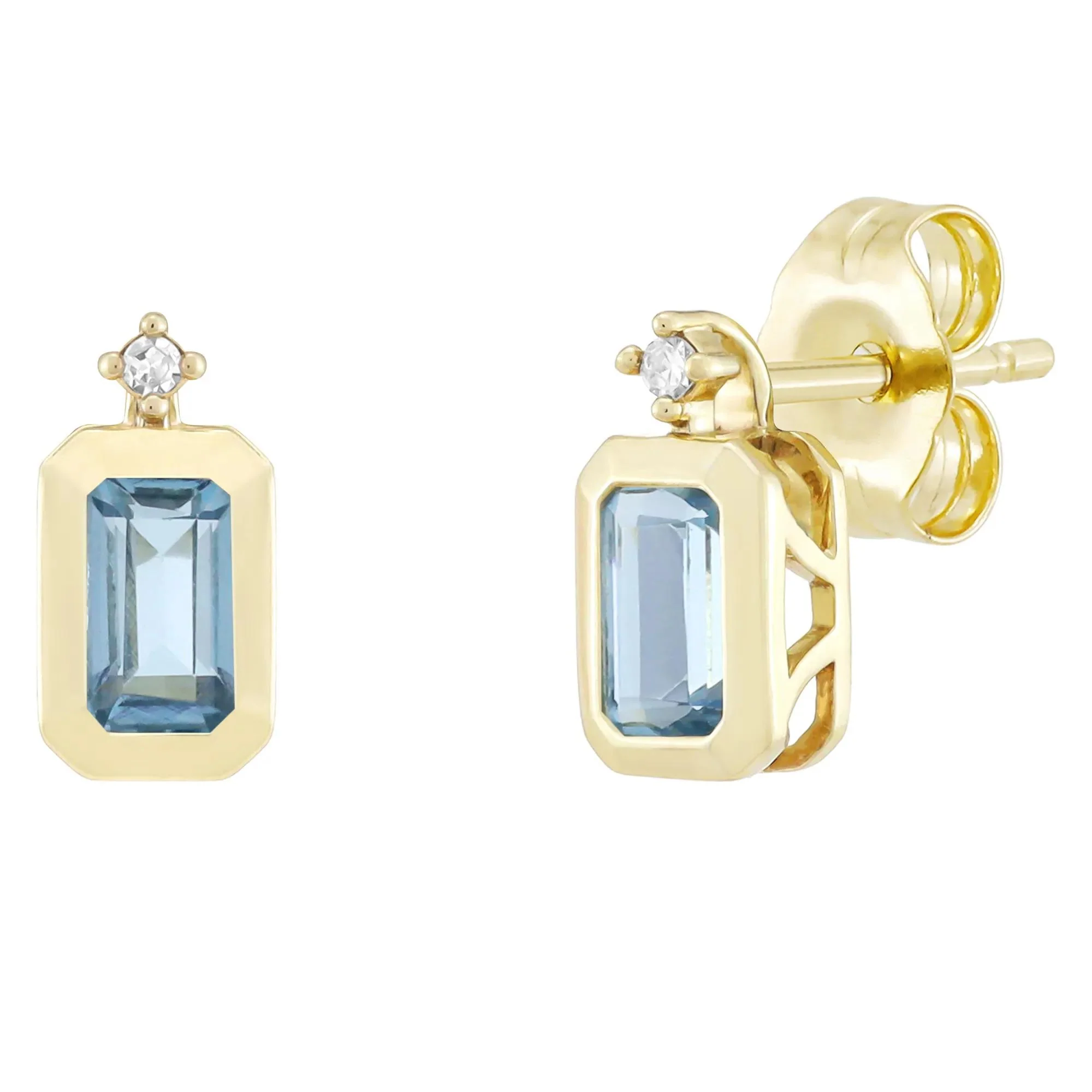 Emerald-Cut Swiss Blue Topaz and Diamond Accent Bezel Earrings 10K Yellow Gold Size 8.50mm