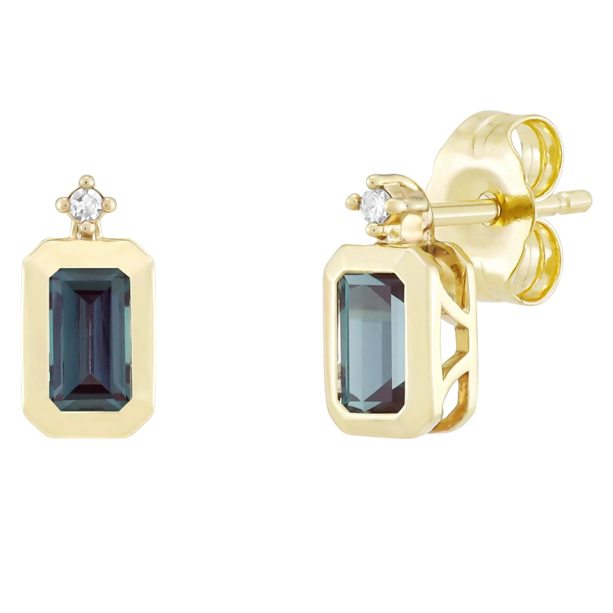 Emerald-Cut Lab-Created Alexandrite and Diamond Accent Bezel Earrings 10K Yellow Gold Size 8.50mm