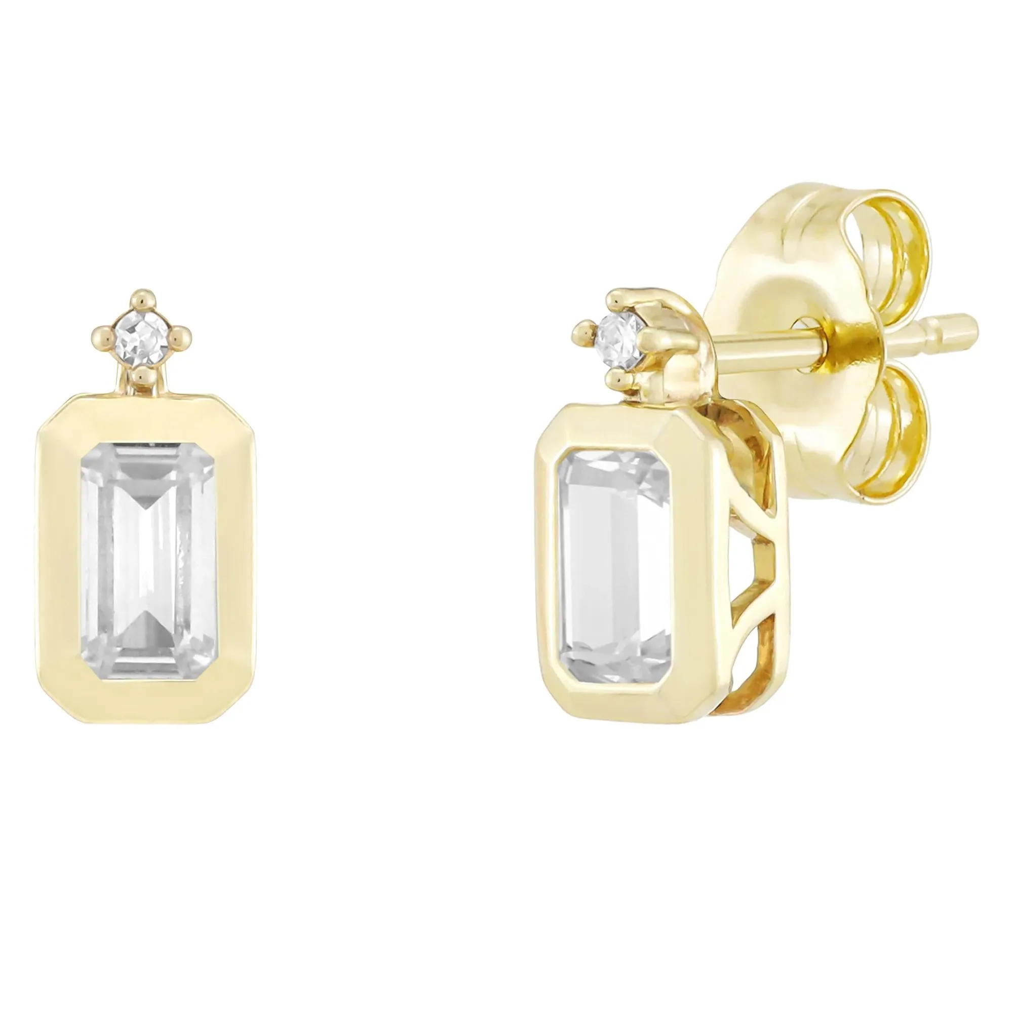 Emerald-Cut Lab-Created White Sapphire and Diamond Accent Bezel Earrings 10K Yellow Gold Size 8.50mm