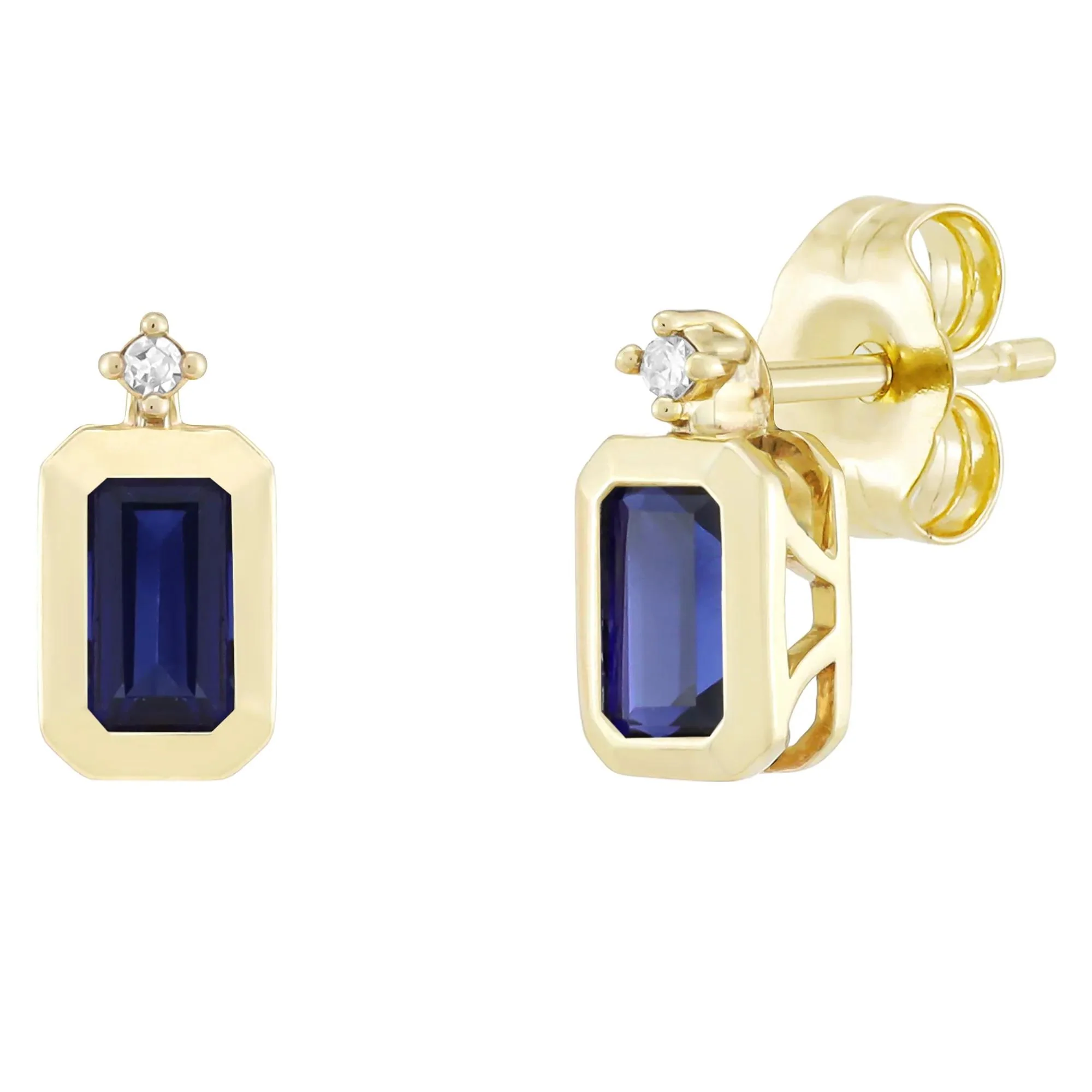 Emerald-Cut Lab-Created Blue Sapphire and Diamond Accent Bezel Earrings 10K Yellow Gold Size 8.50mm