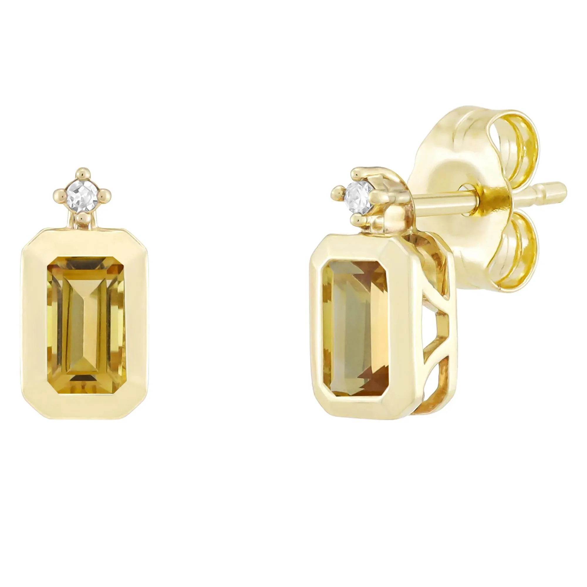 Emerald-Cut Citrine and Diamond Accent Bezel Earrings 10K Yellow Gold Size 8.50mm