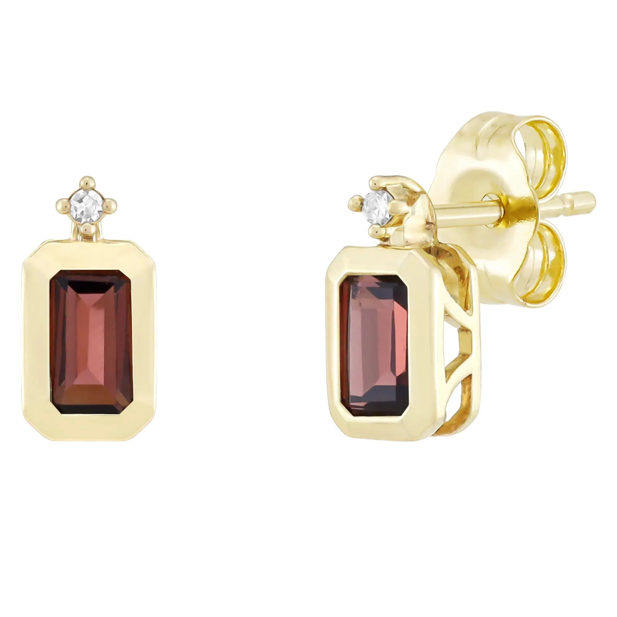 Emerald-Cut Garnet and Diamond Accent Bezel Earrings 10K Yellow Gold Size 8.50mm