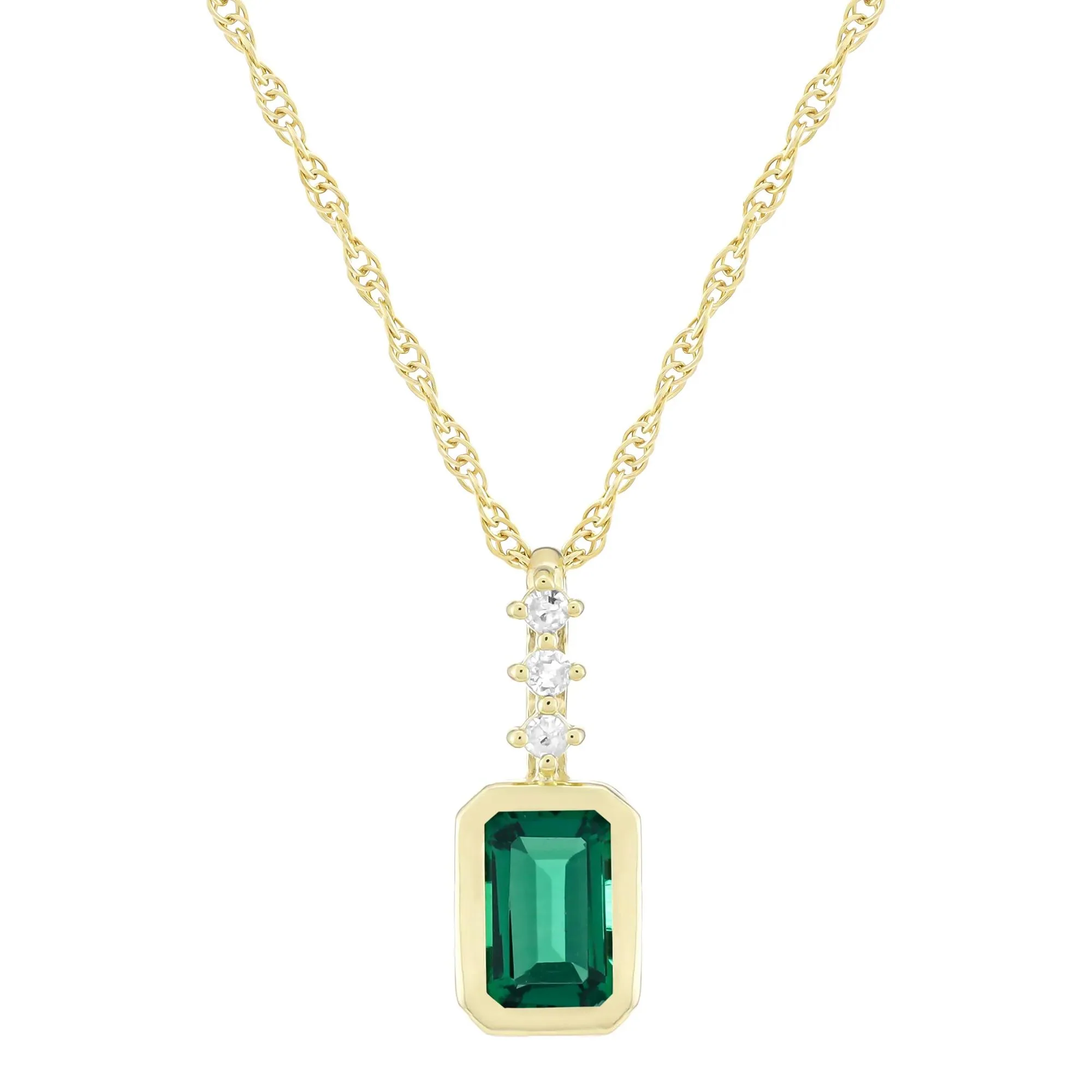 Lab-Created Emerald and Diamond Accent Pendant Necklace 10K Yellow Gold Size 18"