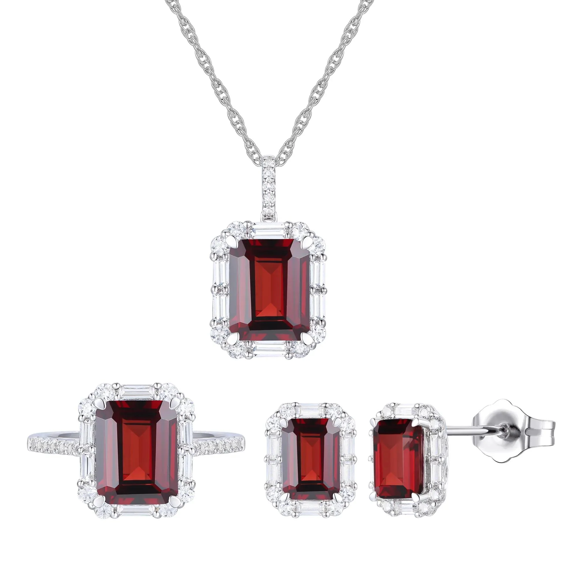 Garnet & Lab-Created White Sapphire Ring Earring & Pendant Set .925 Sterling Silver Size 8 1mm