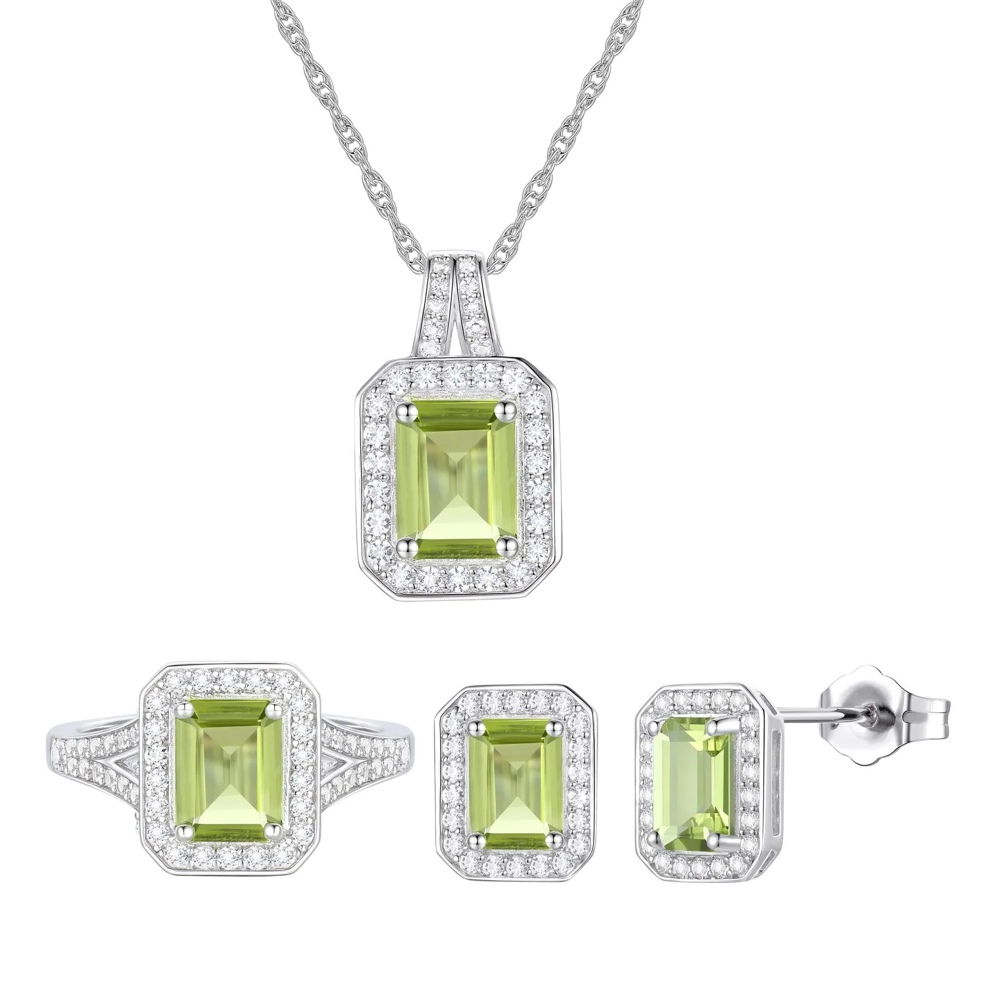Peridot & Lab-Created White Sapphire Ring Earring & Pendant Set .925 Sterling Silver Size 7.5 1mm