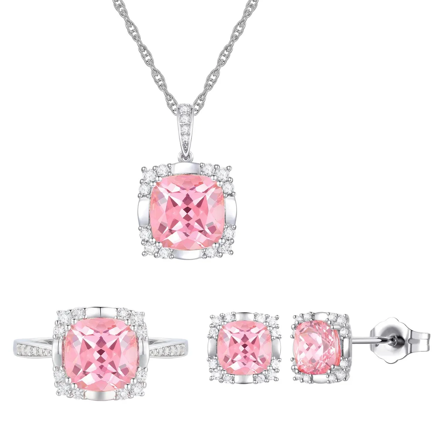 Lab-Created Pink & Lab-Created White Sapphire Ring Earring and Pendant Set .925 Sterling Silver Size 6 1mm