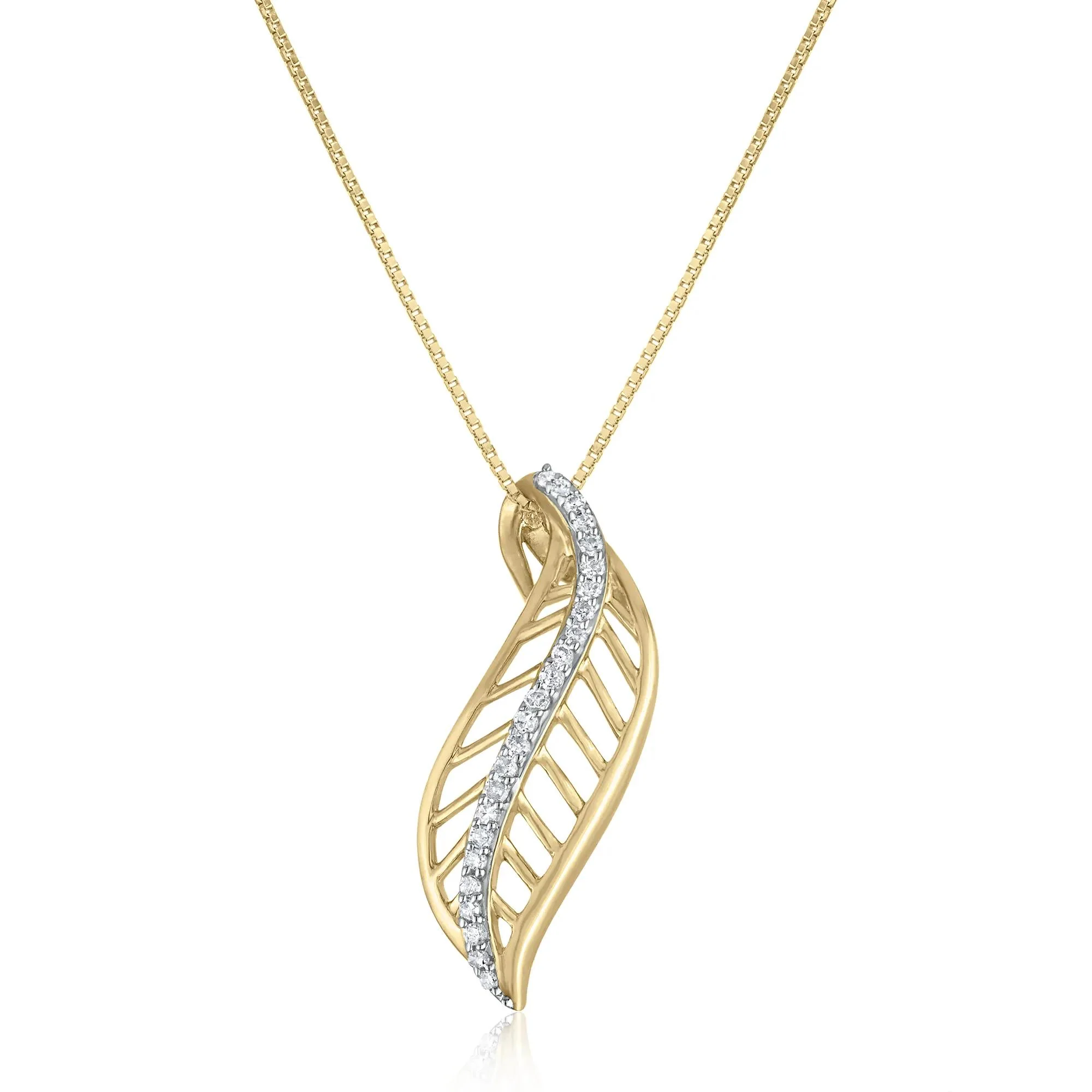 1/10 CT. Tw. Diamond Leaf Pendant Necklace 10K Yellow Gold Size 18"