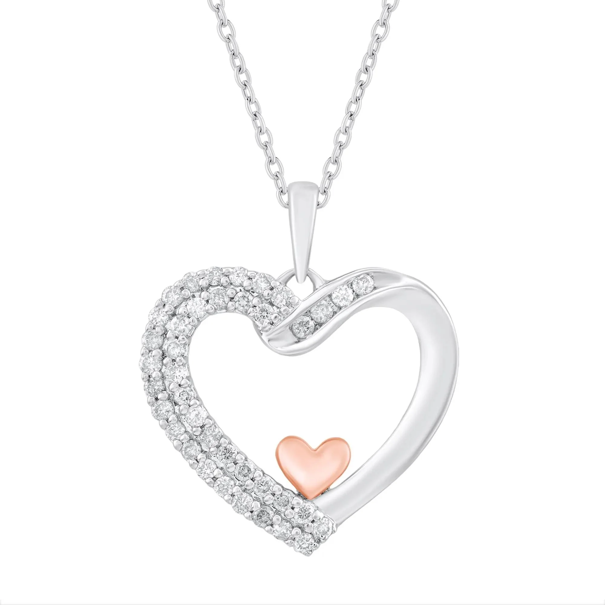 1/4 CT. Tw. Diamond Heart Pendant Necklace .925 Sterling Silver & 10K Rose Gold White Size 18"