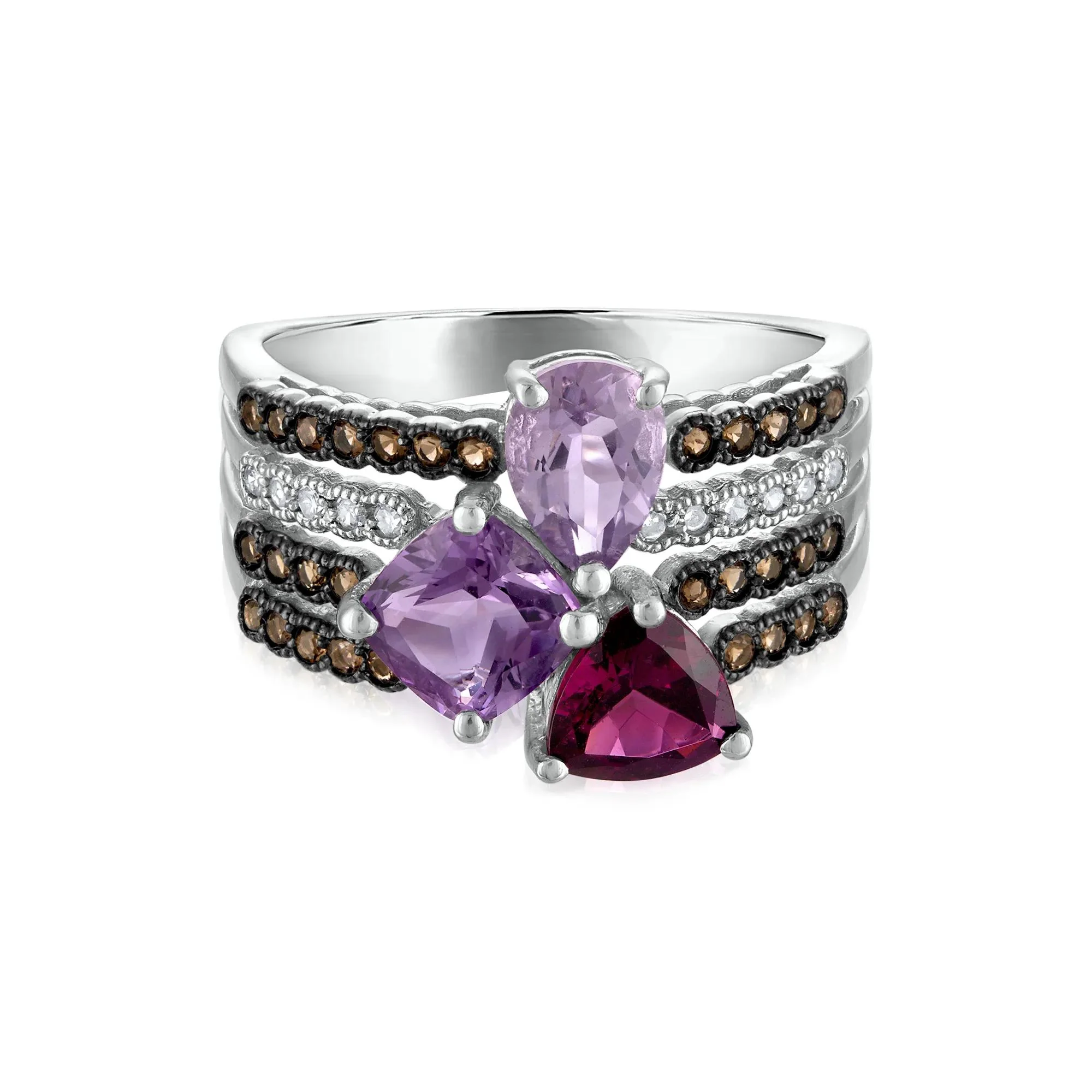 Amethyst Garnet Smoky Quartz and Diamond Multi-Row Ring 10K White Gold Size 6 3mm