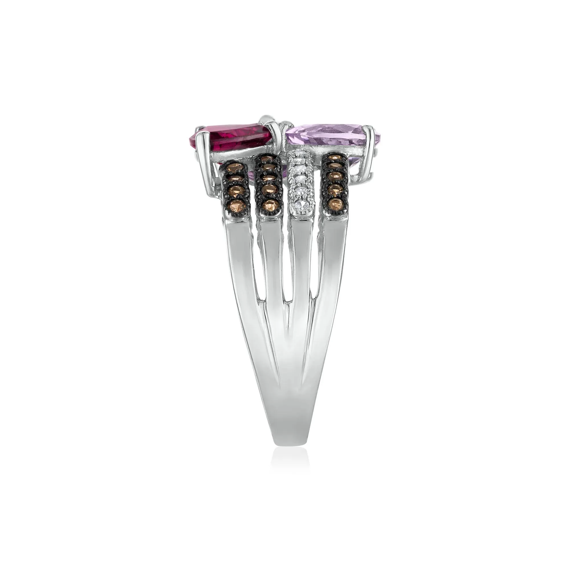 Amethyst Garnet Smoky Quartz and Diamond Multi-Row Ring 10K White Gold Size 6.5 3mm - Image 3