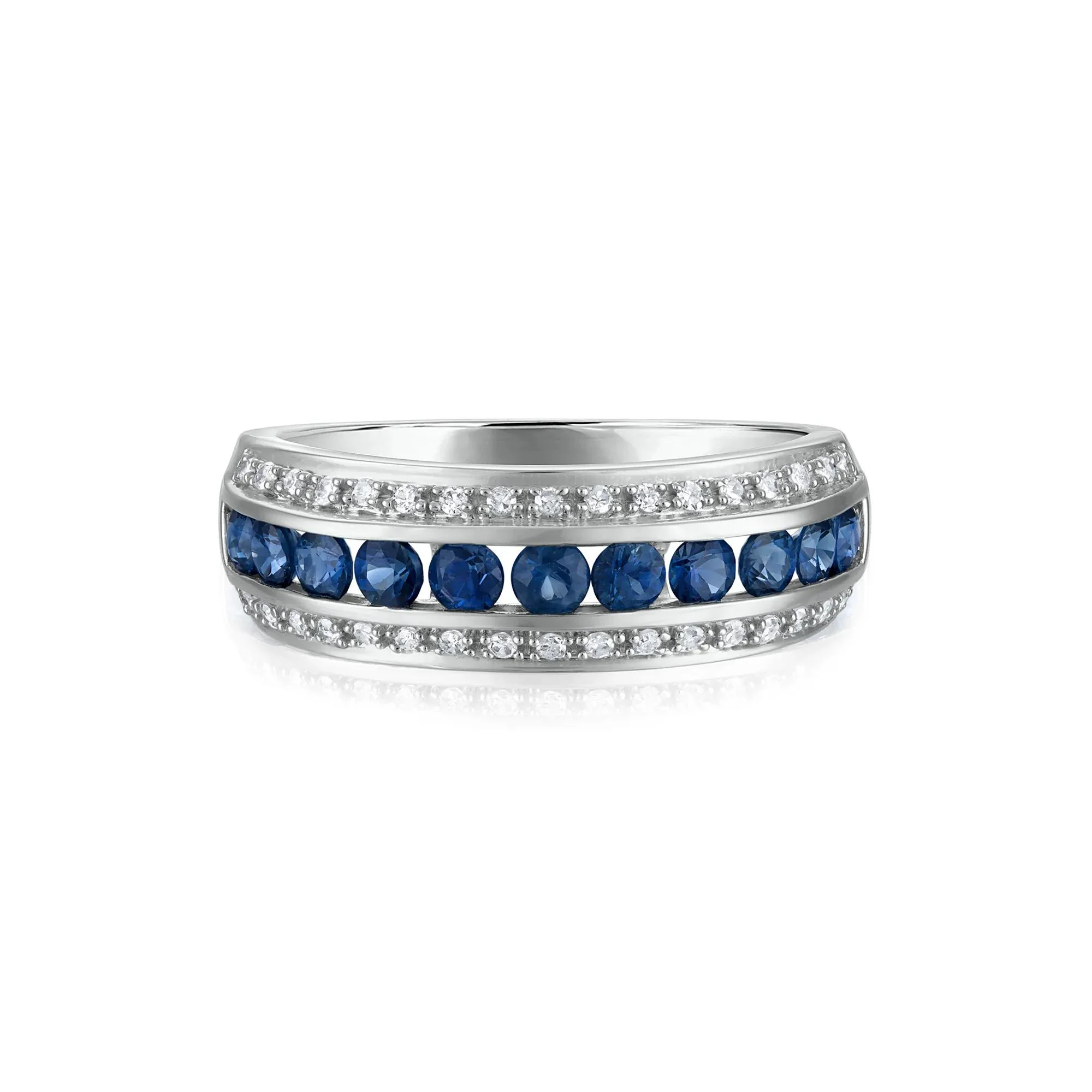 1/7 CT. Tw. Blue Sapphire and Diamond Band Ring 10K White Gold Round Brilliant Cut Size 8 3.5mm