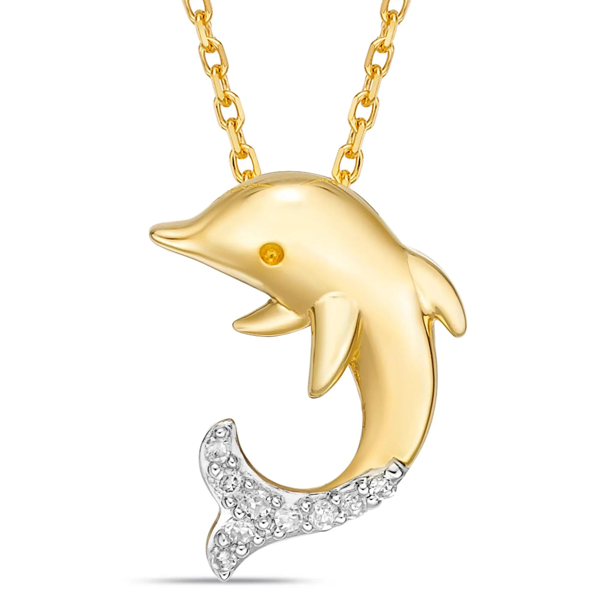Diamond Accent Dolphin Pendant Necklace 10K Yellow Gold Size 20"