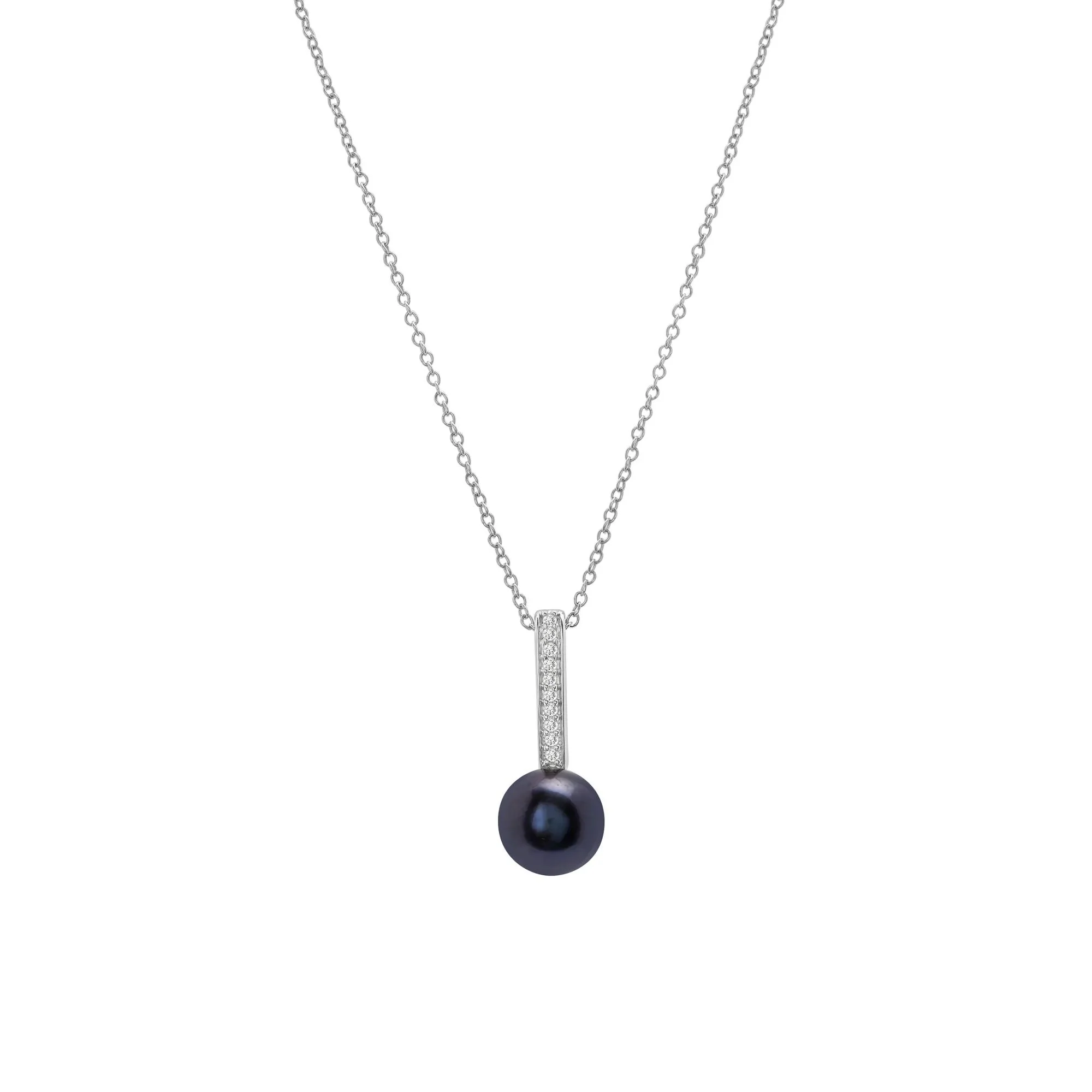 Black Pearl and Lab-Created White Sapphire Drop Pendant Necklace 10K White Gold Size 18"