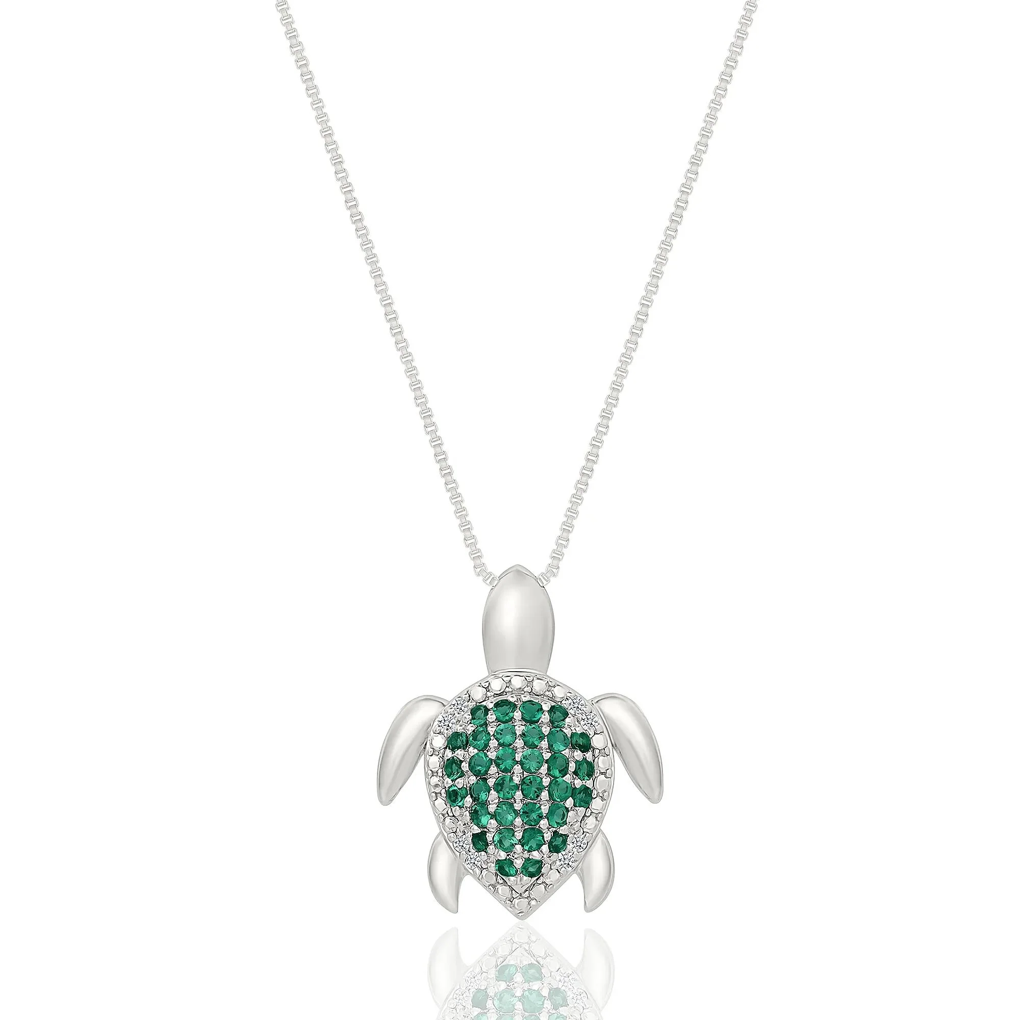 Lab-Created Emerald and Diamond Accent Turtle Pendant Necklace .925 Sterling Silver White Size 18"