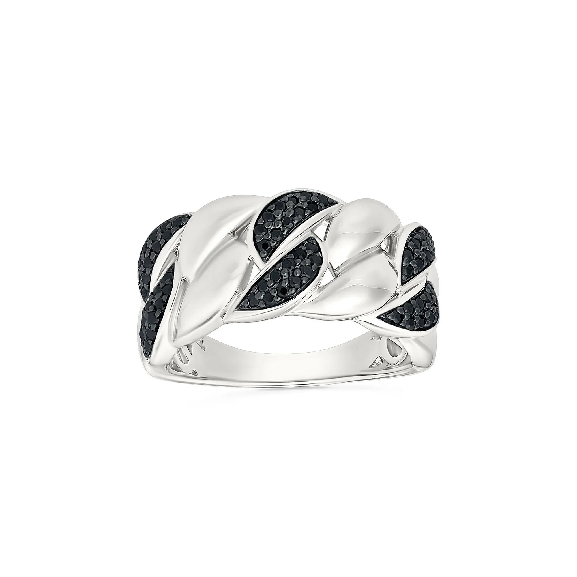 1/3 CT. Tw. Black Diamond Cuban Link Ring .925 Sterling Silver White Size 7.5 4mm