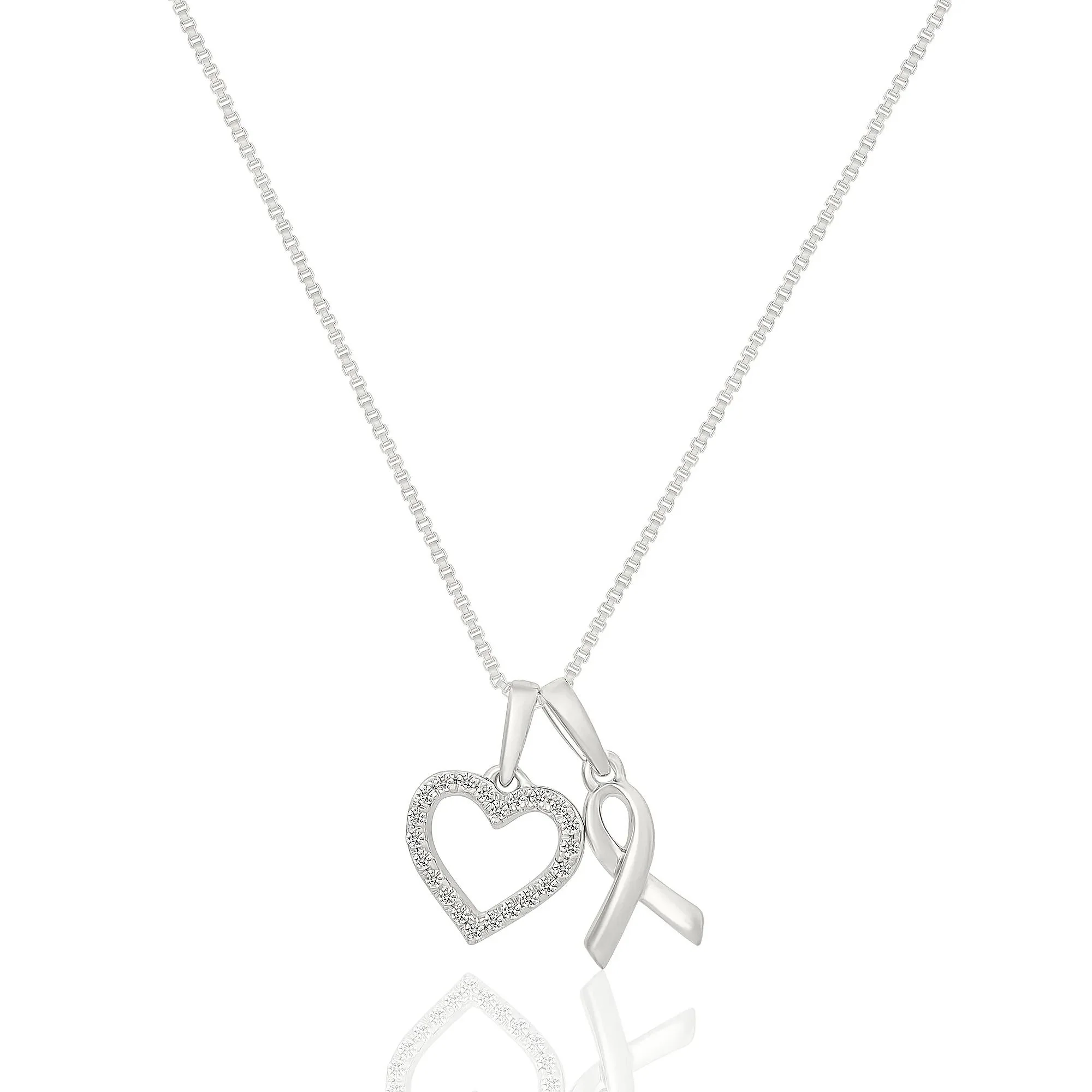 1/10 CT. Tw. Diamond Heart Ribbon Charm Pendant .925 Sterling Silver White Size 9.50mm