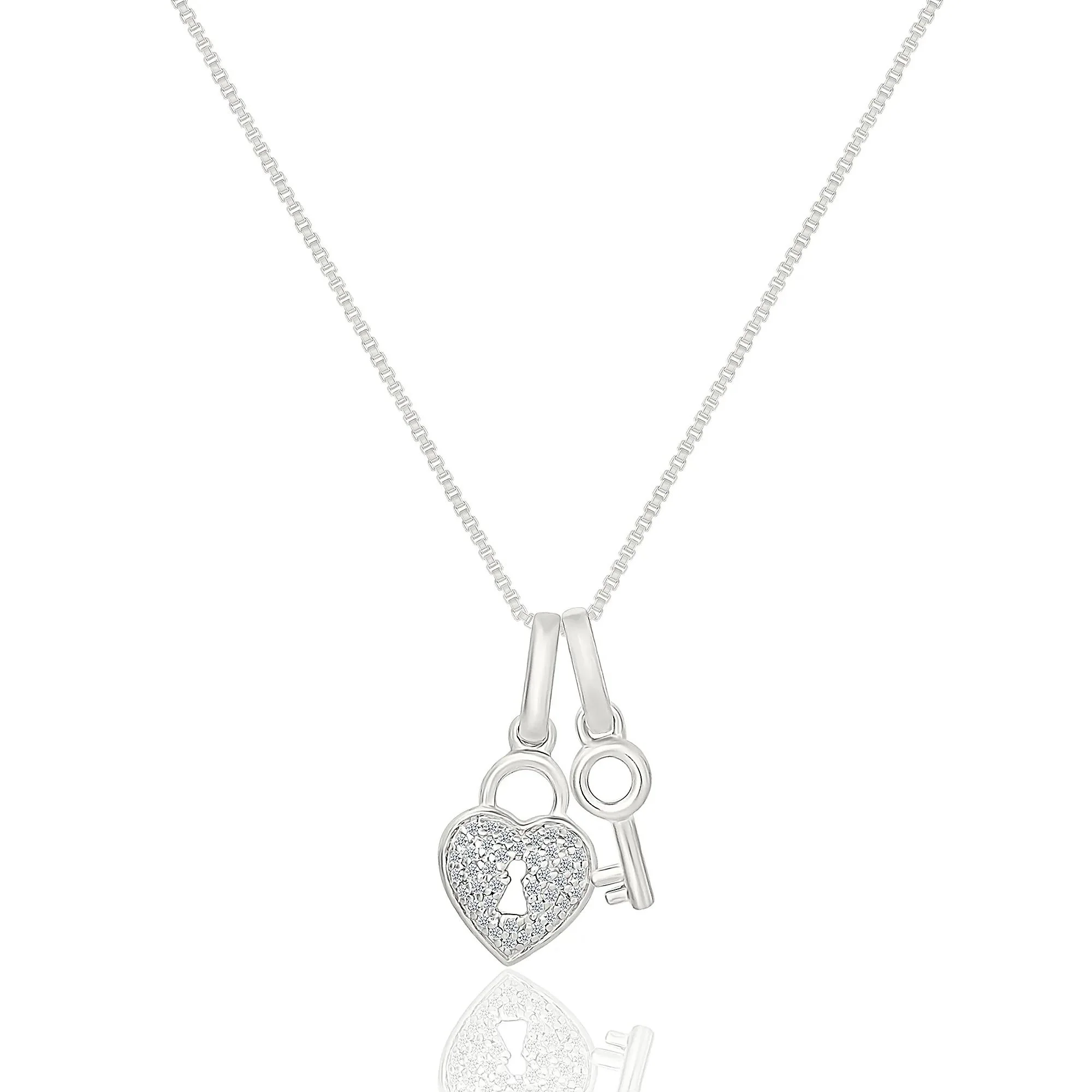 Diamond Accent Heart Lock & Key Pendant Necklace .925 Sterling Silver White Size 18"