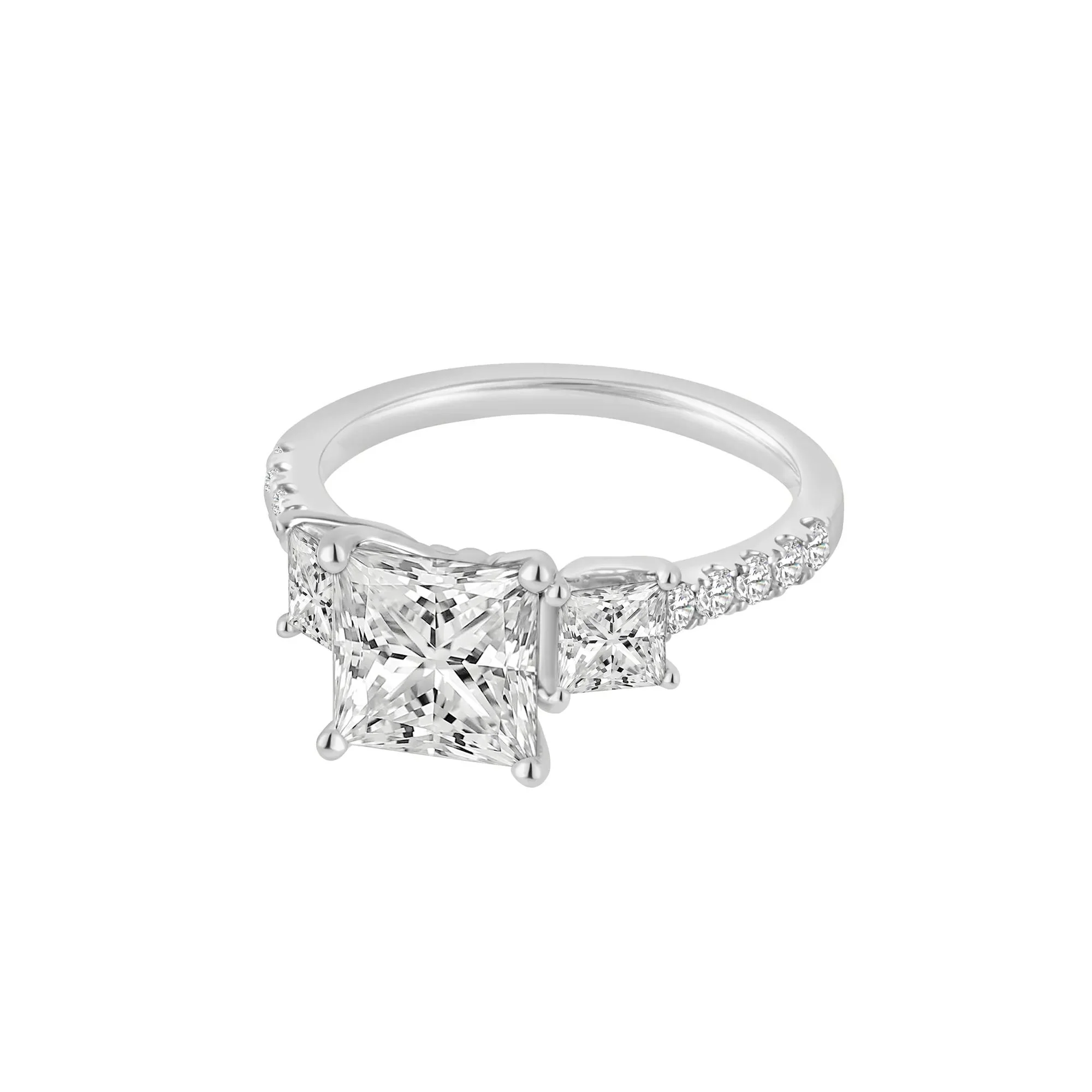 3 CT. Tw. Lab Grown Diamond Princess-Cut Three-Stone Engagement Ring 14K White Gold Round Brilliant Cut Size 7 - Image 2