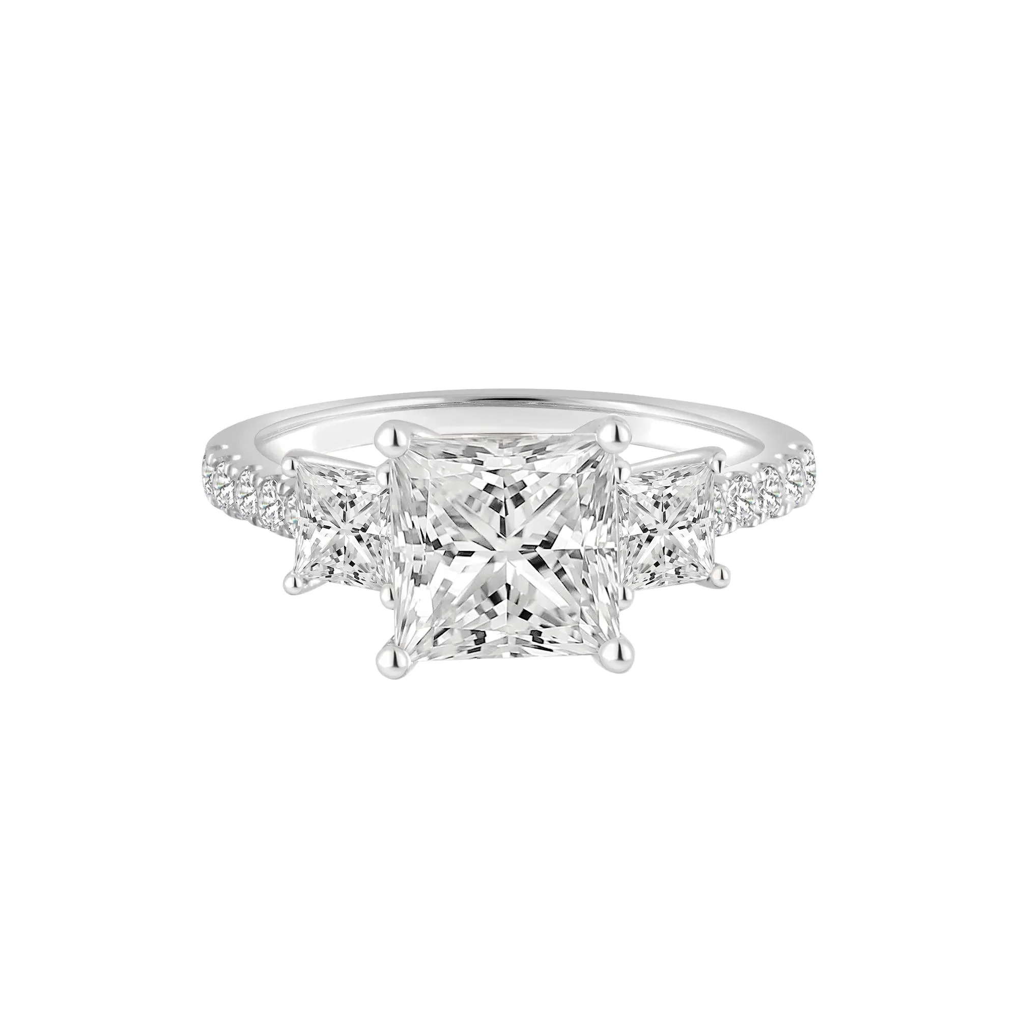 3 CT. Tw. Lab Grown Diamond Princess-Cut Three-Stone Engagement Ring 14K White Gold Round Brilliant Cut Size 8.5