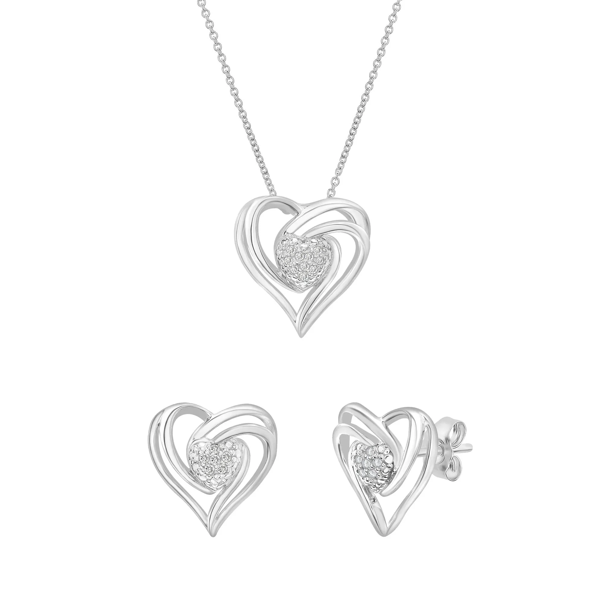 Diamond Heart-Shaped Pendant Necklace and Earring Box Set .925 Sterling Silver White Size 18"