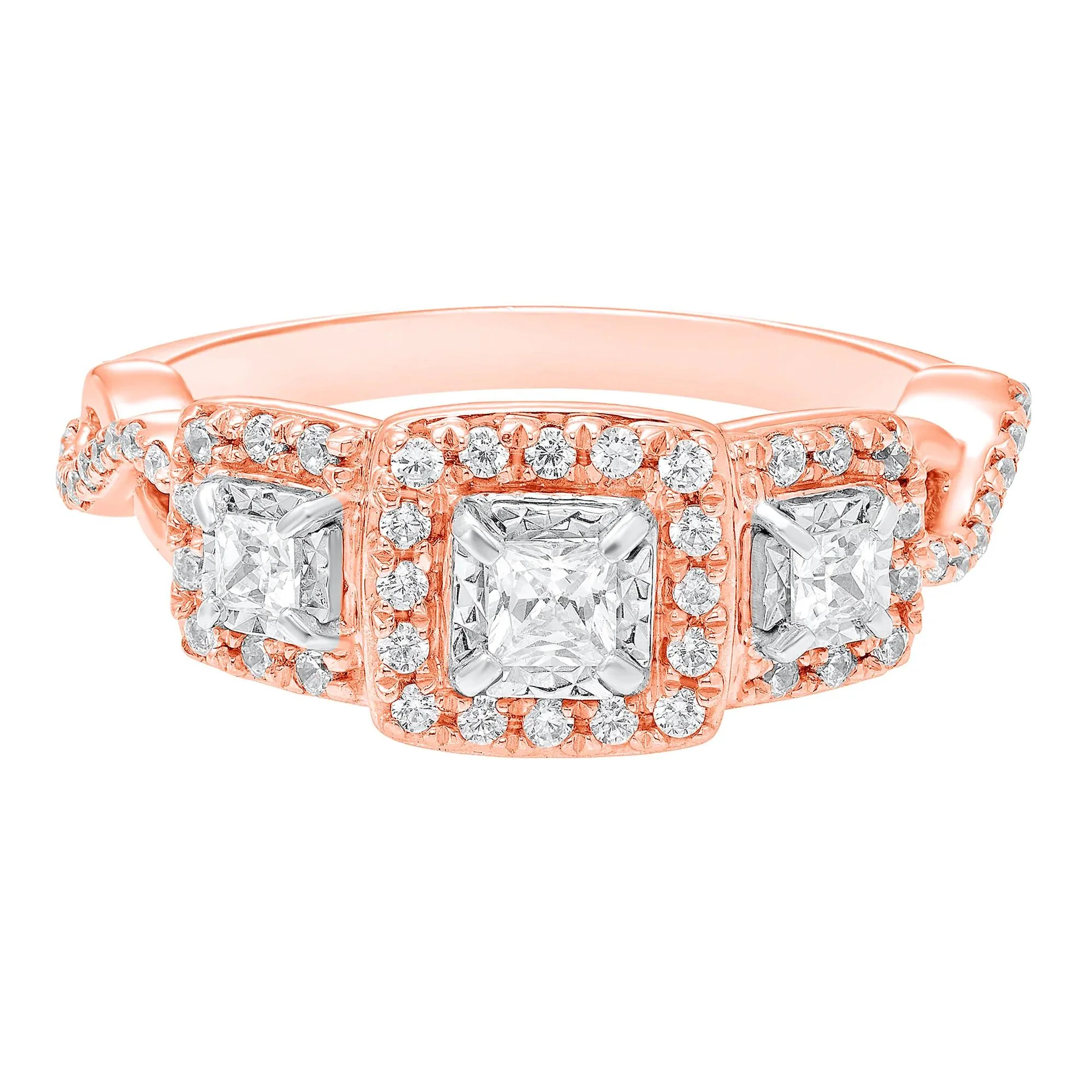 1/2 CT. Tw. Princess-Cut Diamond Three-Stone Ring 10K Rose Gold Round Brilliant Cut Size 7