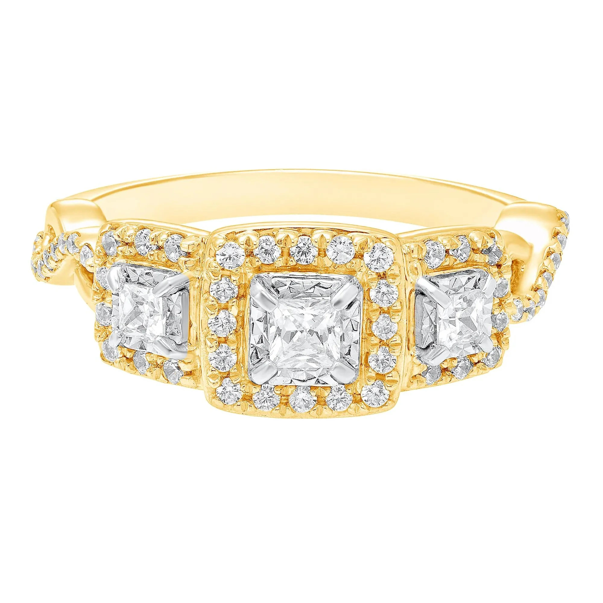 1/2 CT. Tw. Princess-Cut Diamond Three-Stone Ring 10K Yellow Gold Round Brilliant Cut Size 7