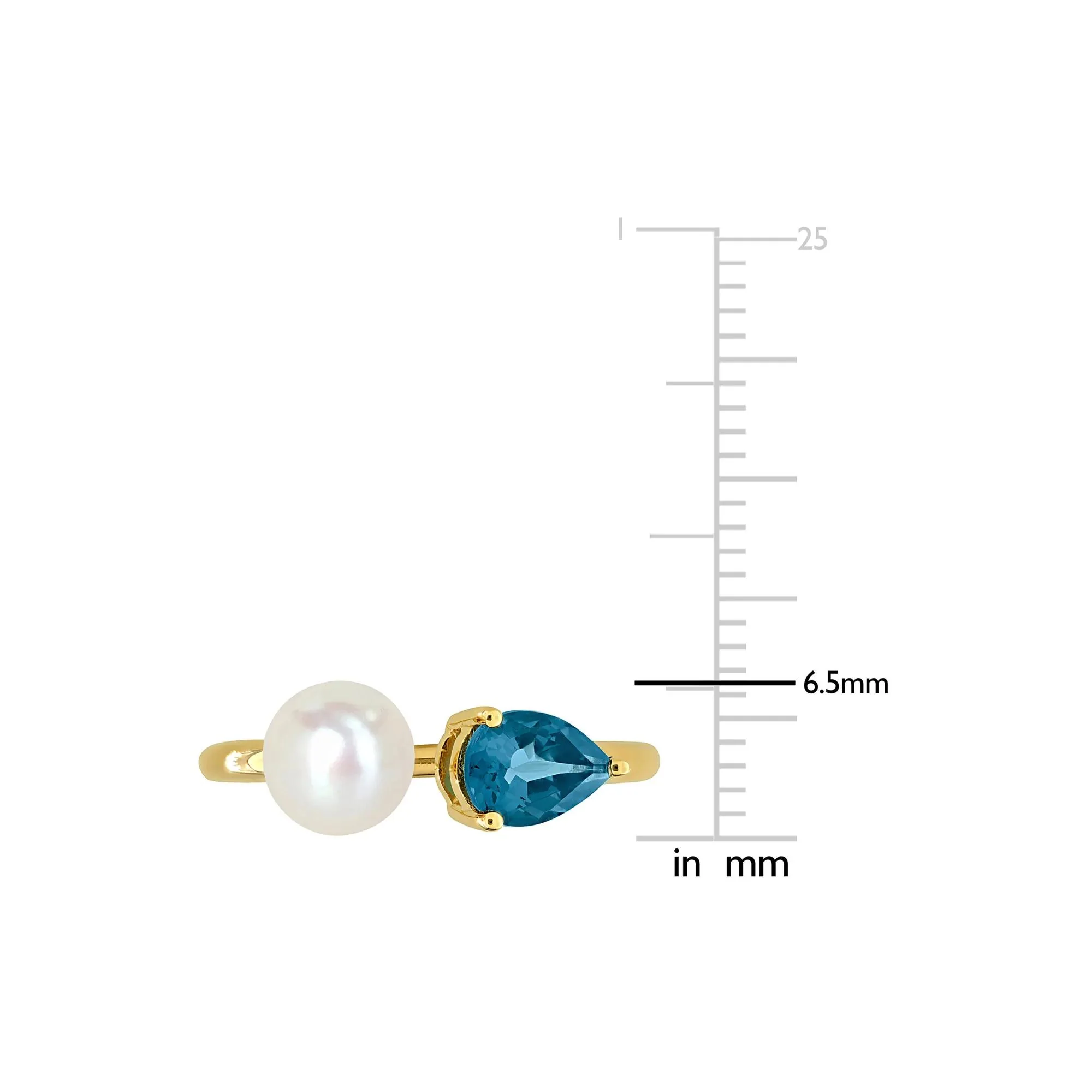 London Blue Topaz and Freshwater Pearl Bypass Ring 10K Yellow Gold Size 7 1.5mm - Image 5