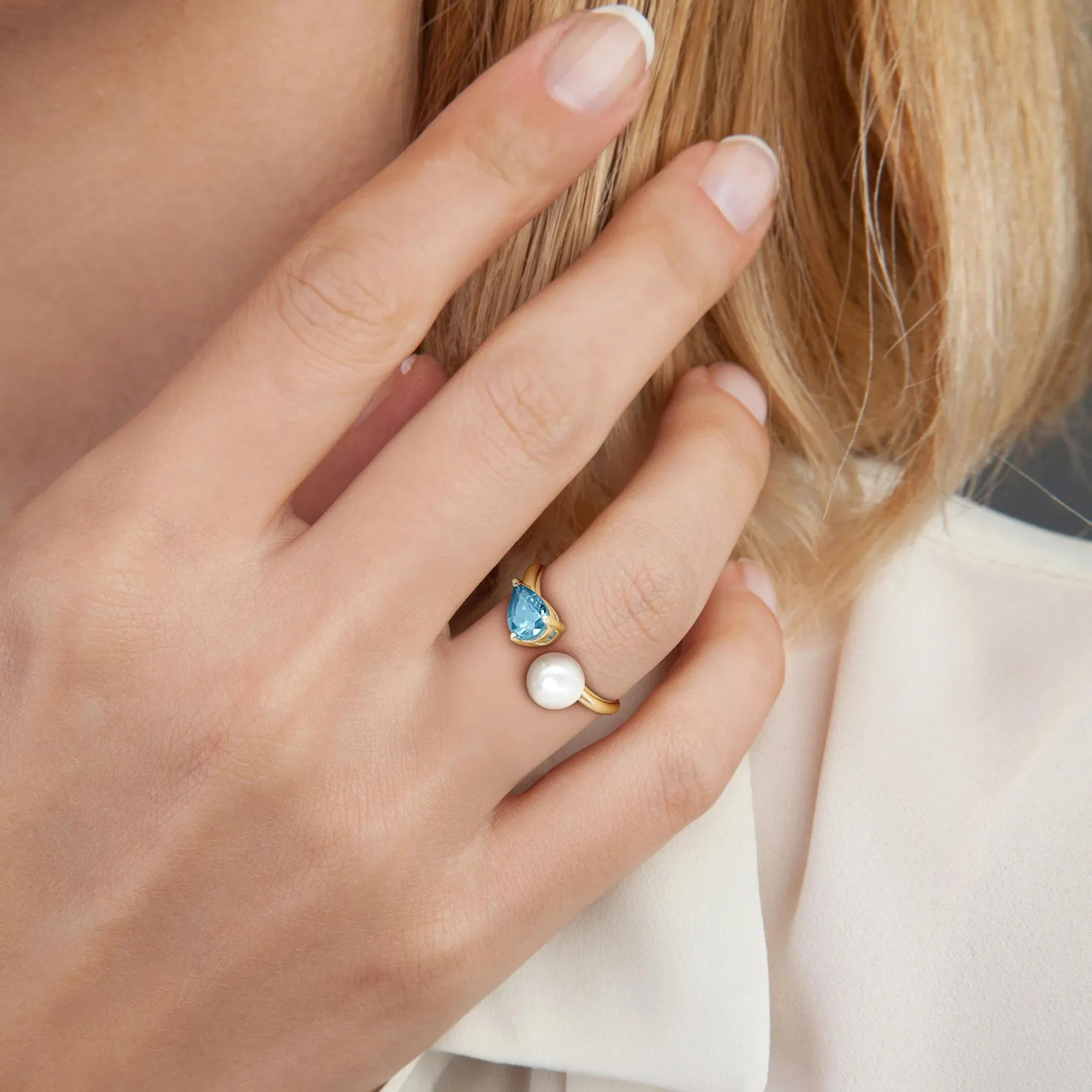 London Blue Topaz and Freshwater Pearl Bypass Ring 10K Yellow Gold Size 8 1.5mm - Image 7