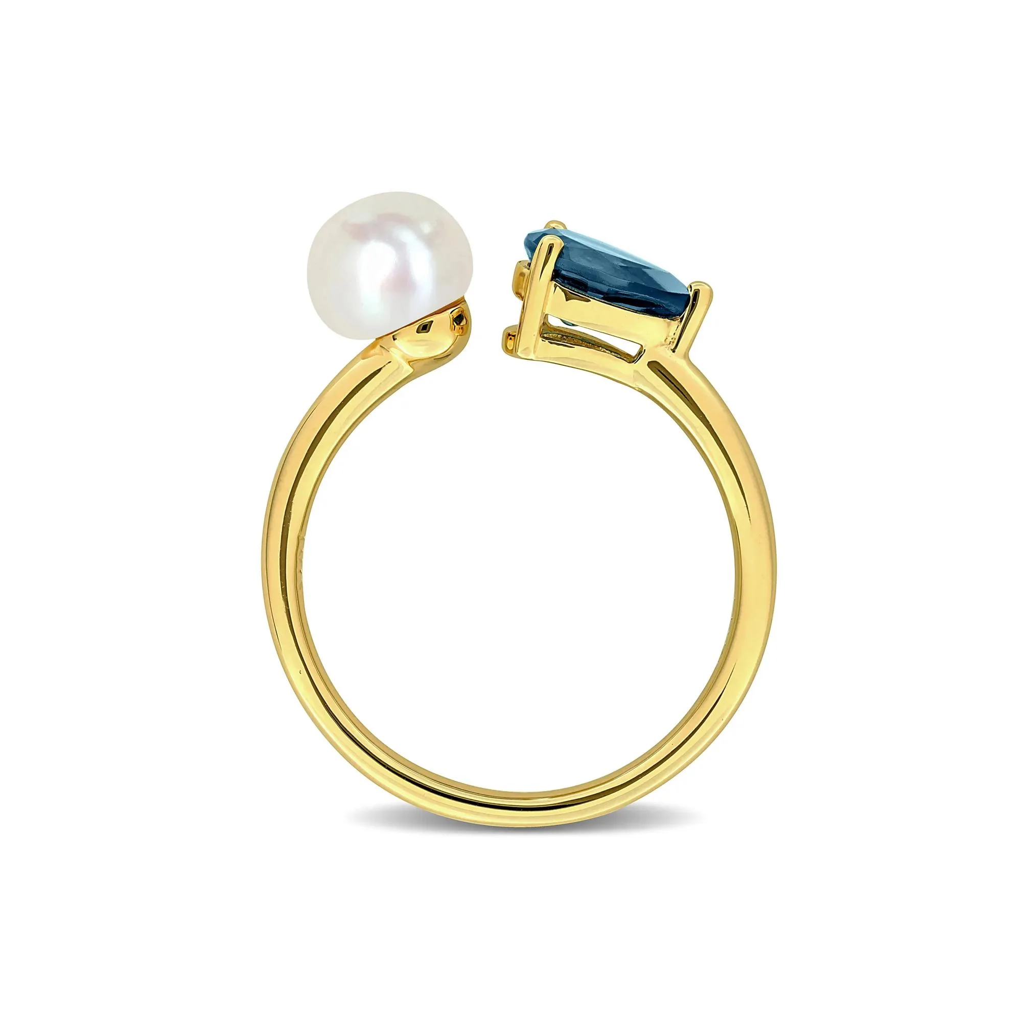 London Blue Topaz and Freshwater Pearl Bypass Ring 10K Yellow Gold Size 9 1.5mm