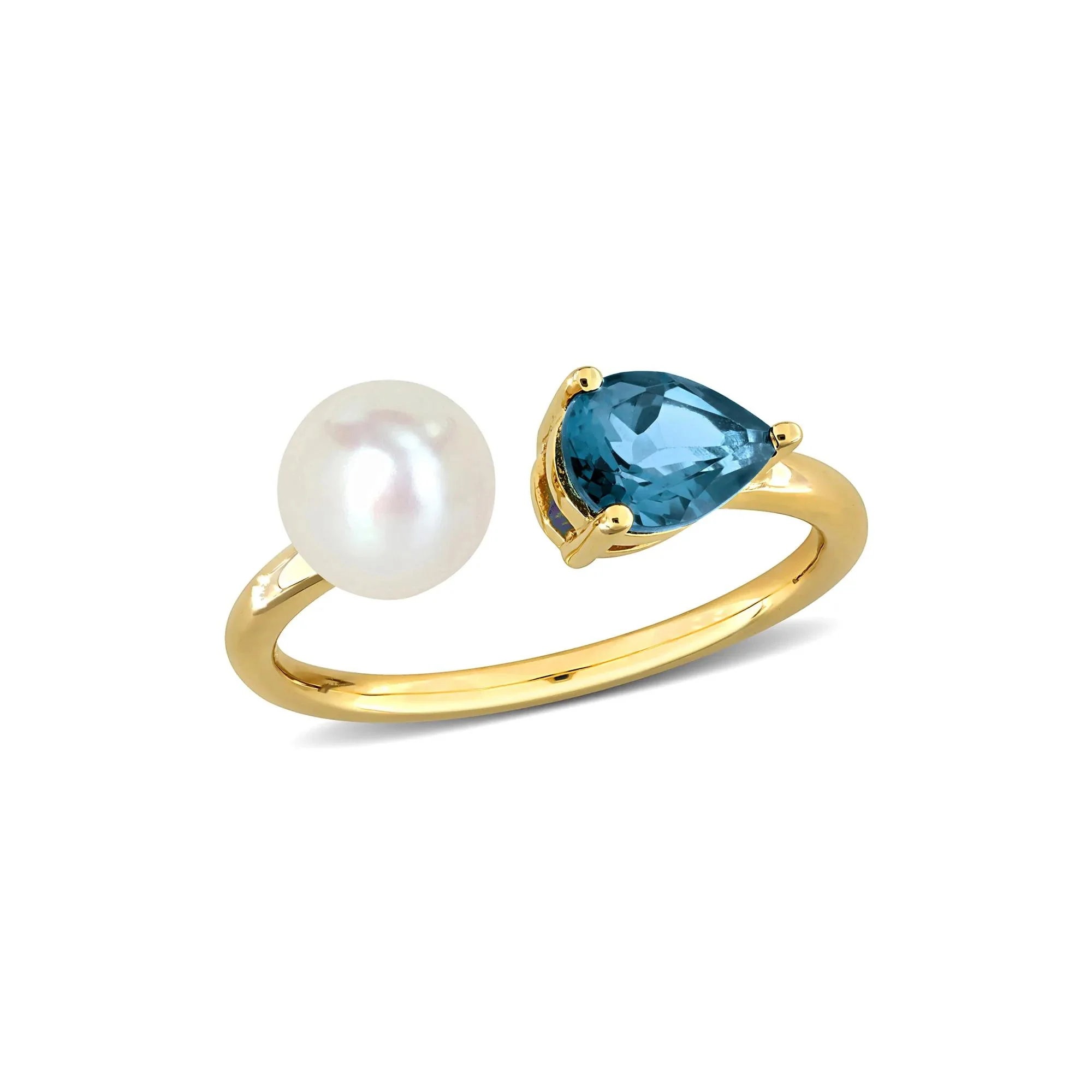 London Blue Topaz and Freshwater Pearl Bypass Ring 10K Yellow Gold Size 9 1.5mm - Image 3
