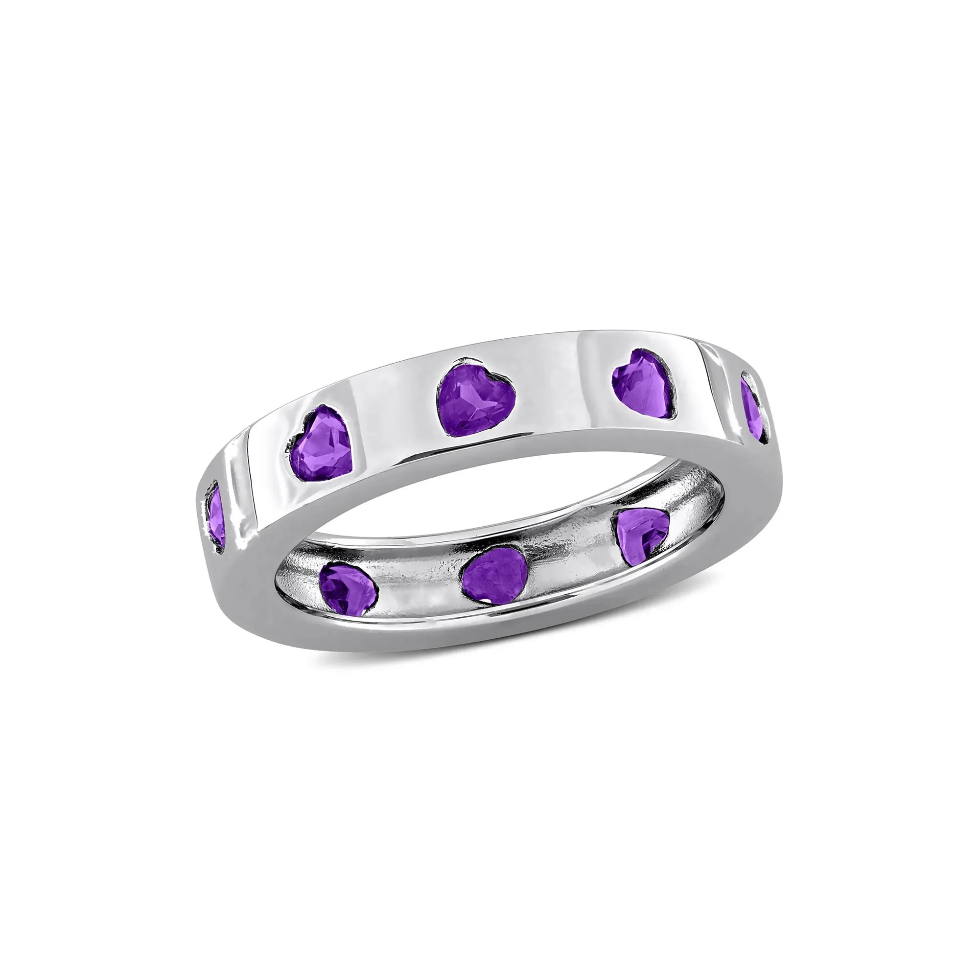 Heart-Shaped Amethyst Eternity Band Ring .925 Sterling Silver White Size 5 4mm - Image 4