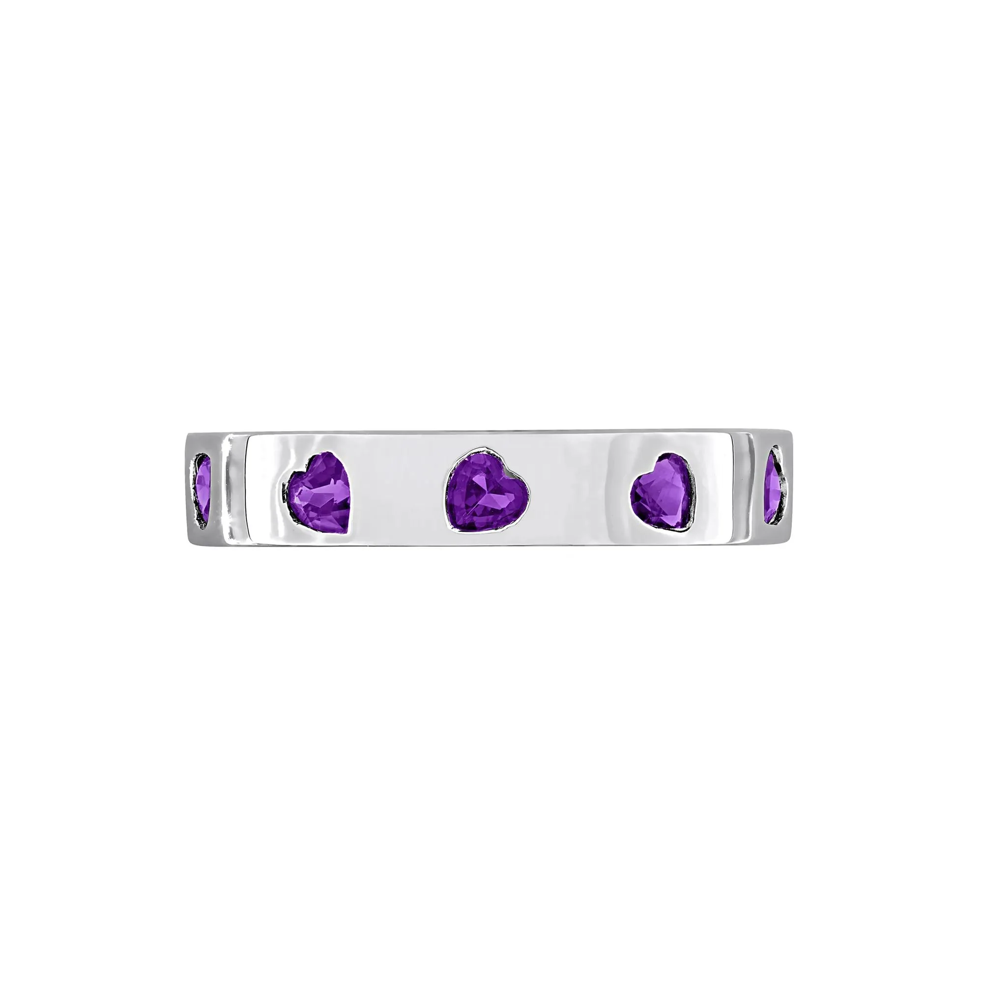 Heart-Shaped Amethyst Eternity Band Ring .925 Sterling Silver White Size 6 4mm