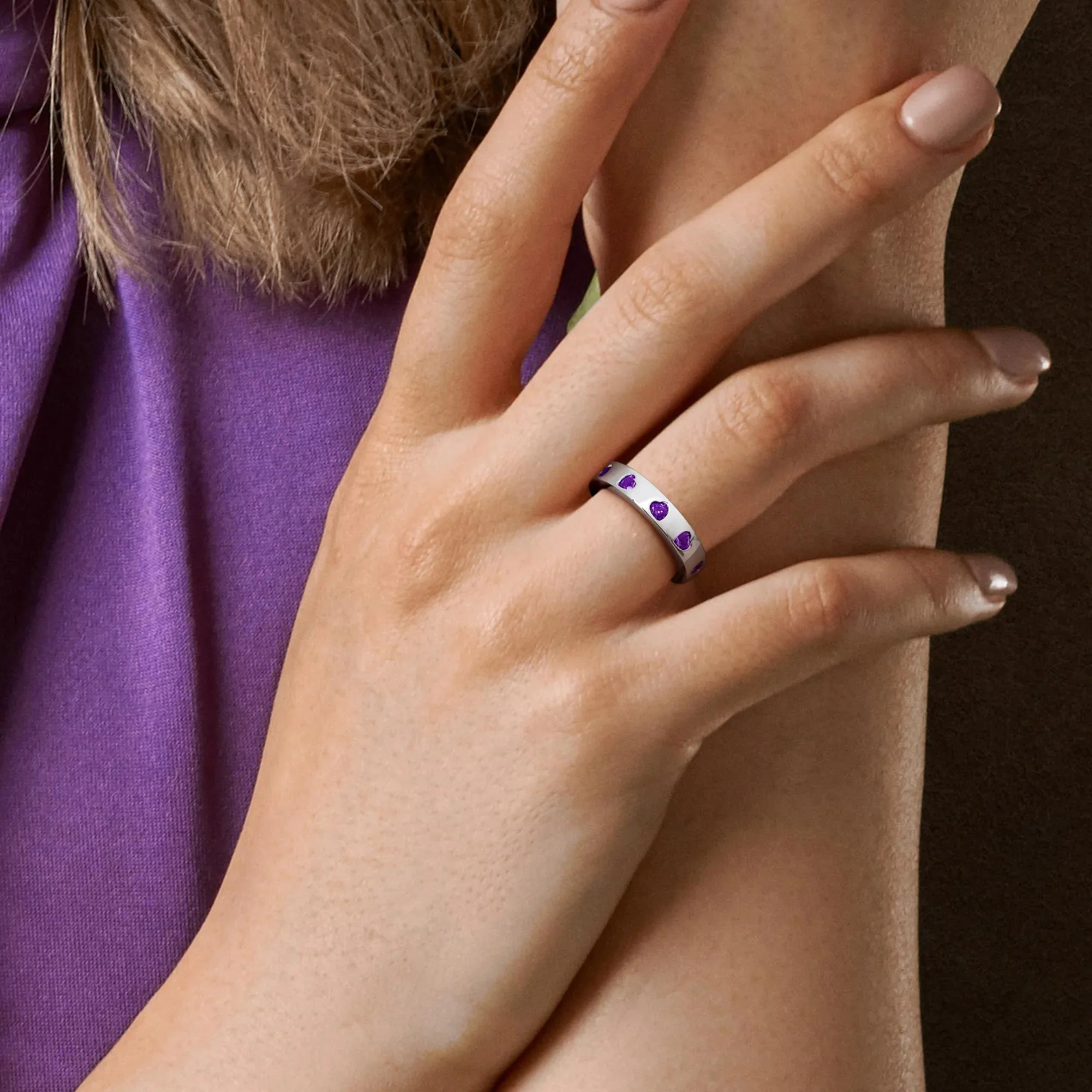 Heart-Shaped Amethyst Eternity Band Ring .925 Sterling Silver White Size 6 4mm - Image 5