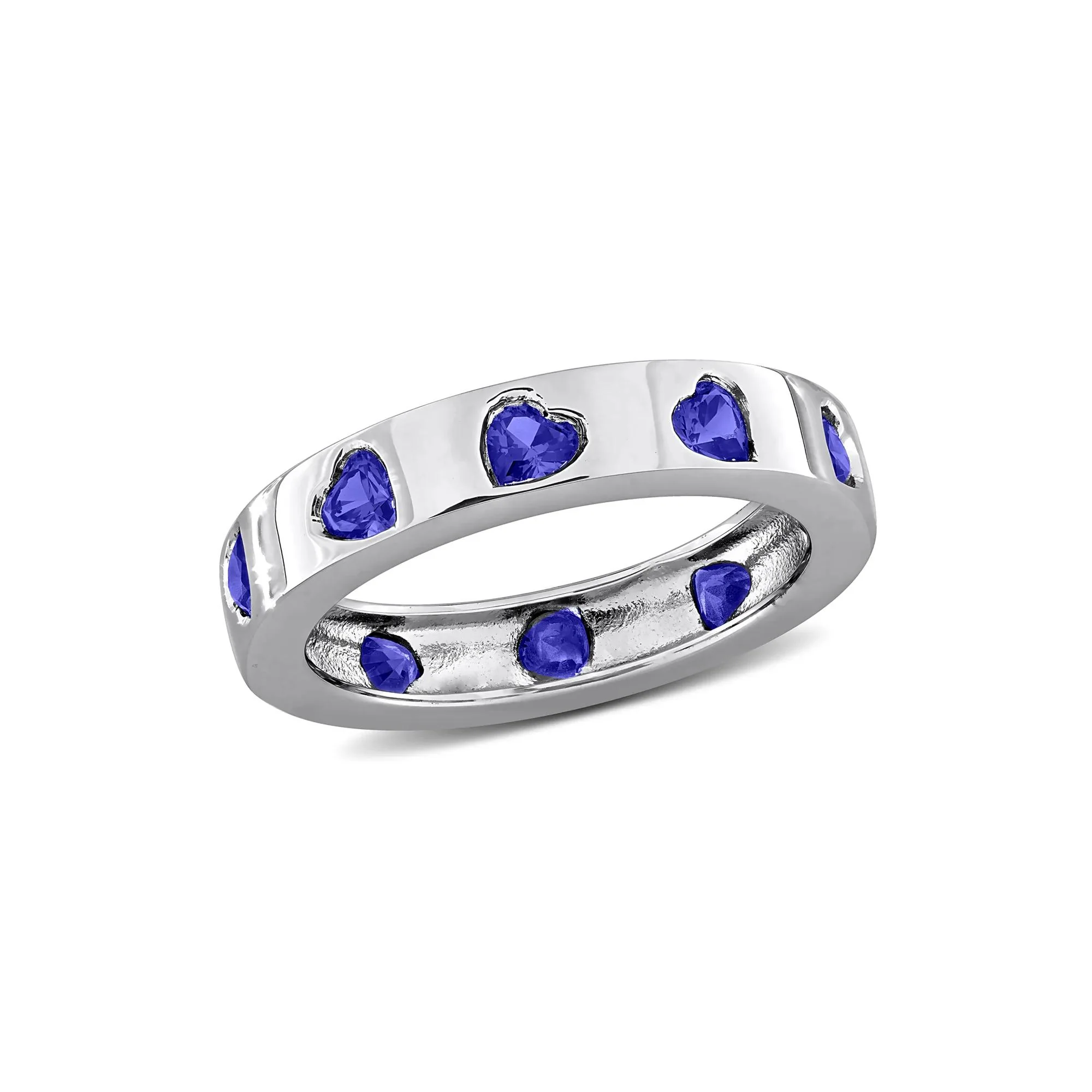 Heart-Shaped Lab-Created Blue Sapphire Eternity Band Ring .925 Sterling Silver White Size 6 4mm - Image 4