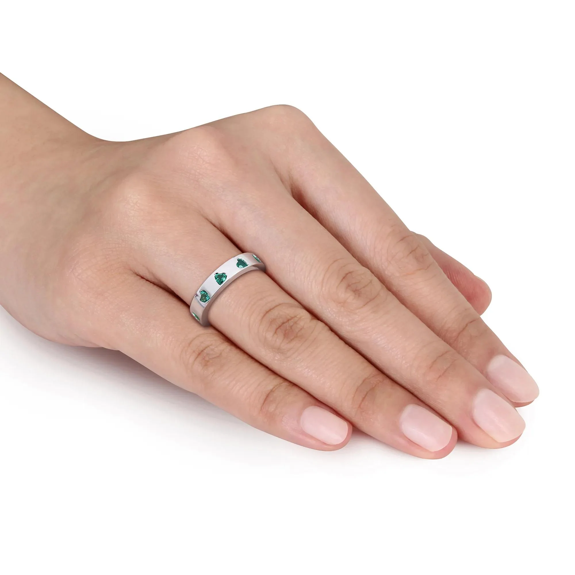 Heart-Shaped Lab-Created Emerald Eternity Band Ring .925 Sterling Silver White Size 5 4mm - Image 6