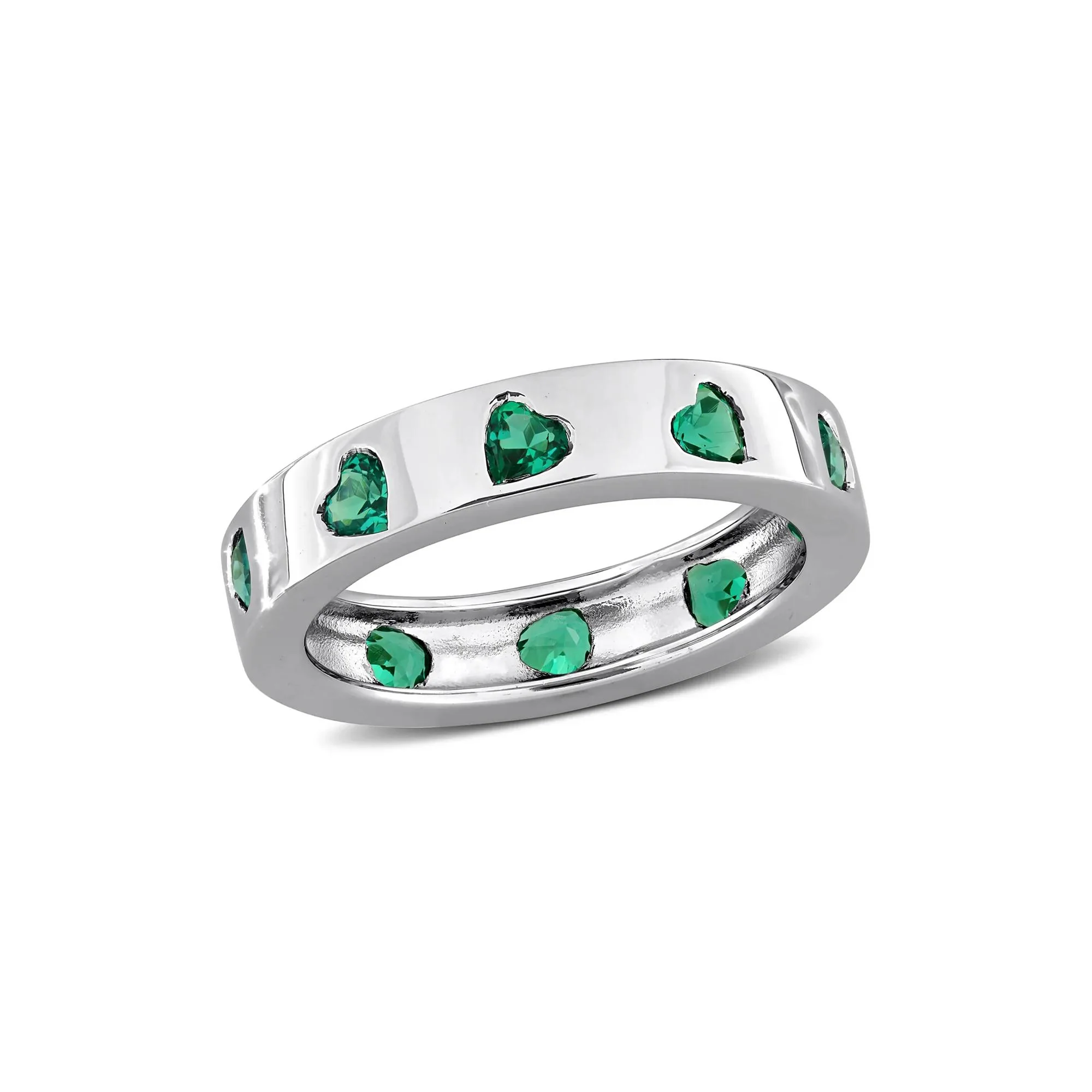 Heart-Shaped Lab-Created Emerald Eternity Band Ring .925 Sterling Silver White Size 8 4mm - Image 4