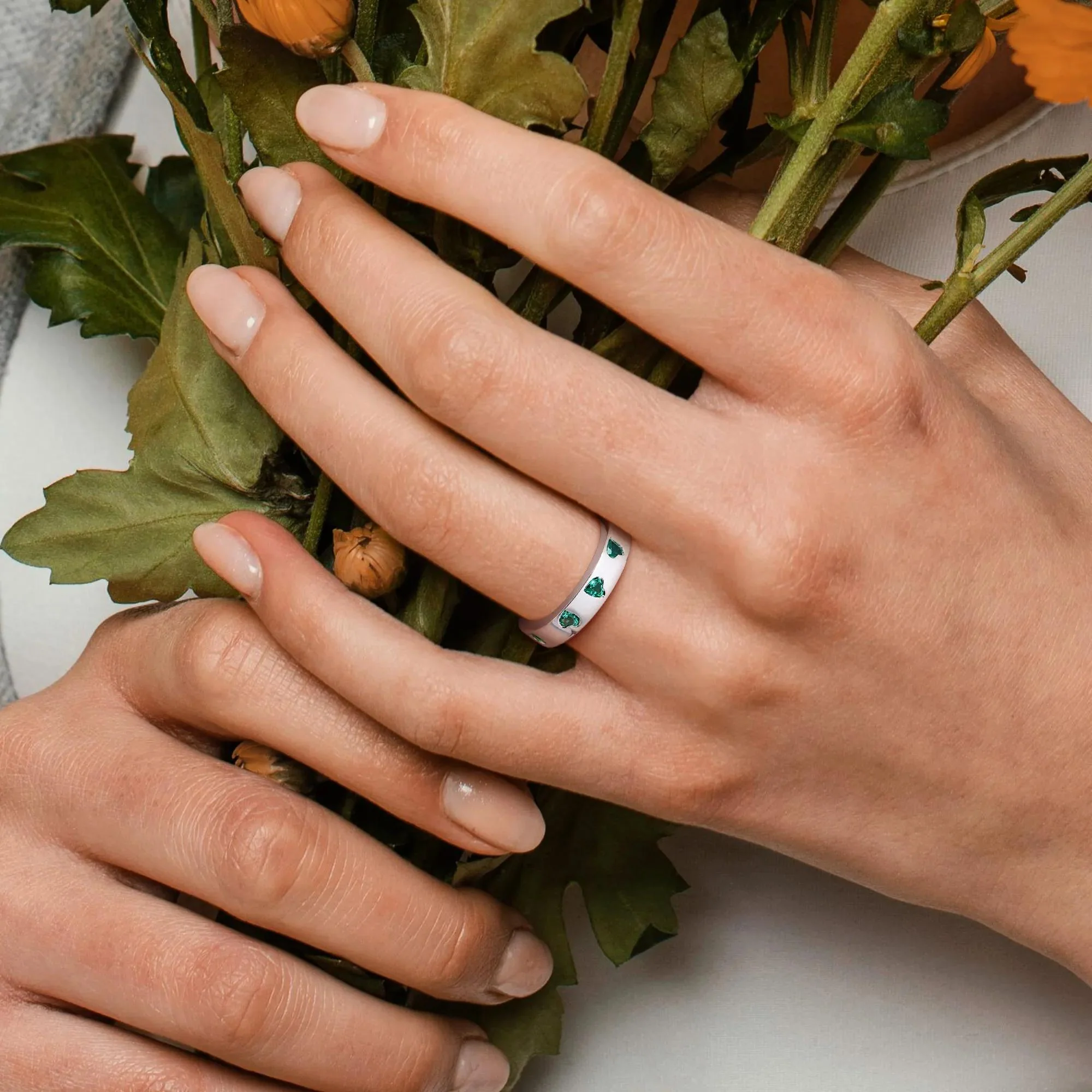 Heart-Shaped Lab-Created Emerald Eternity Band Ring .925 Sterling Silver White Size 9 4mm - Image 5