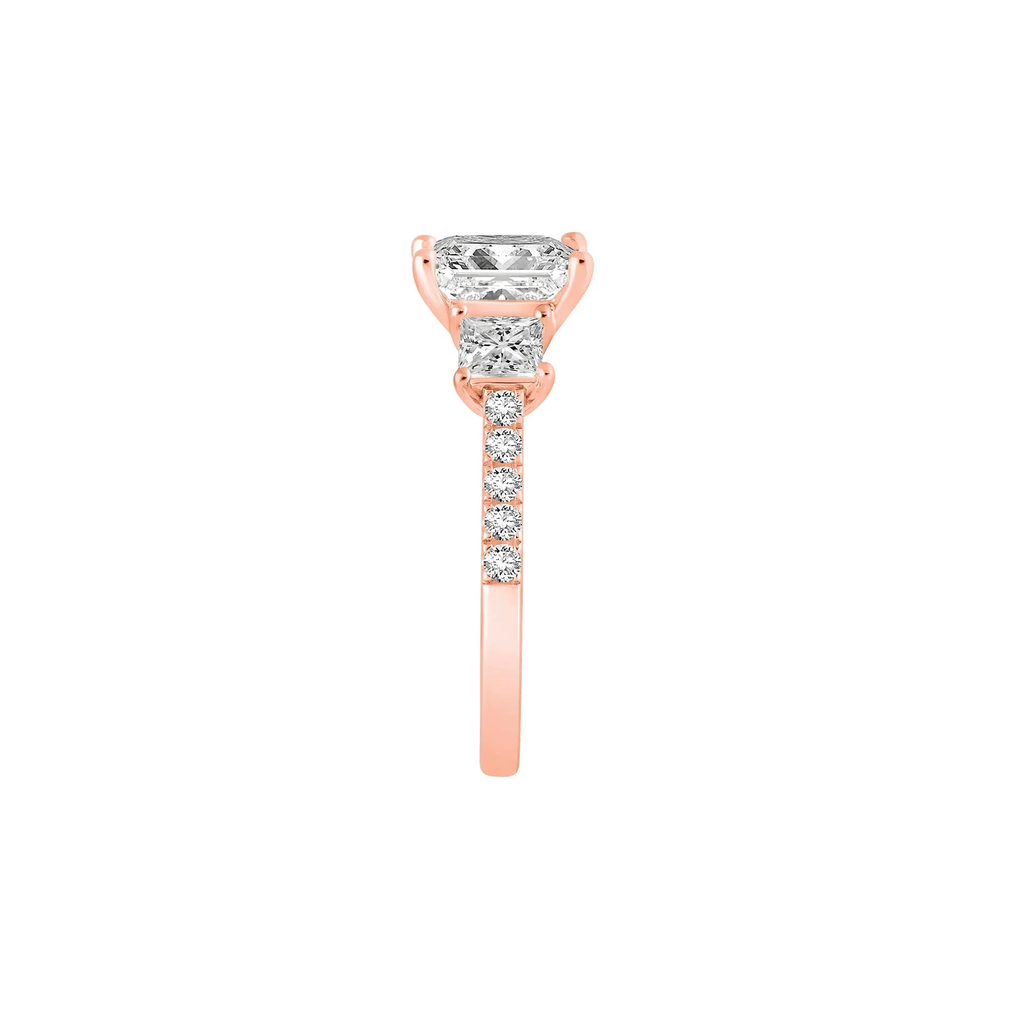3 CT. Tw. Lab Grown Diamond Princess-Cut Three-Stone Engagement Ring 14K Rose Gold Round Brilliant Cut Size 5.5 - Image 3