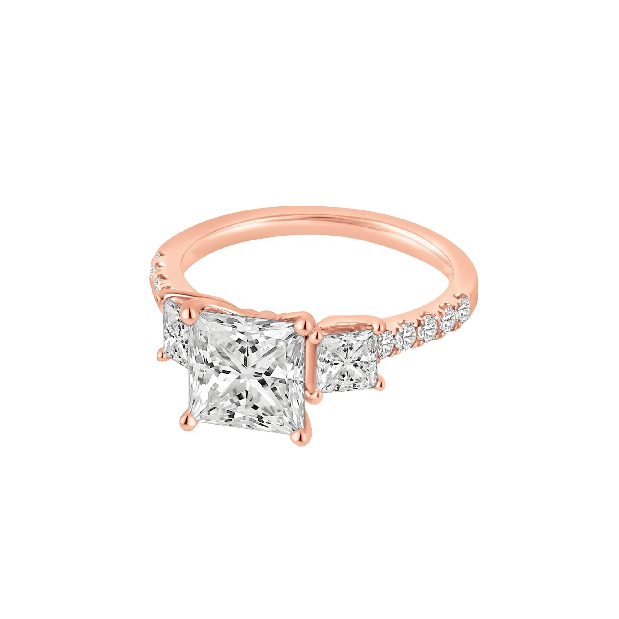 3 CT. Tw. Lab Grown Diamond Princess-Cut Three-Stone Engagement Ring 14K Rose Gold Round Brilliant Cut Size 8 - Image 4