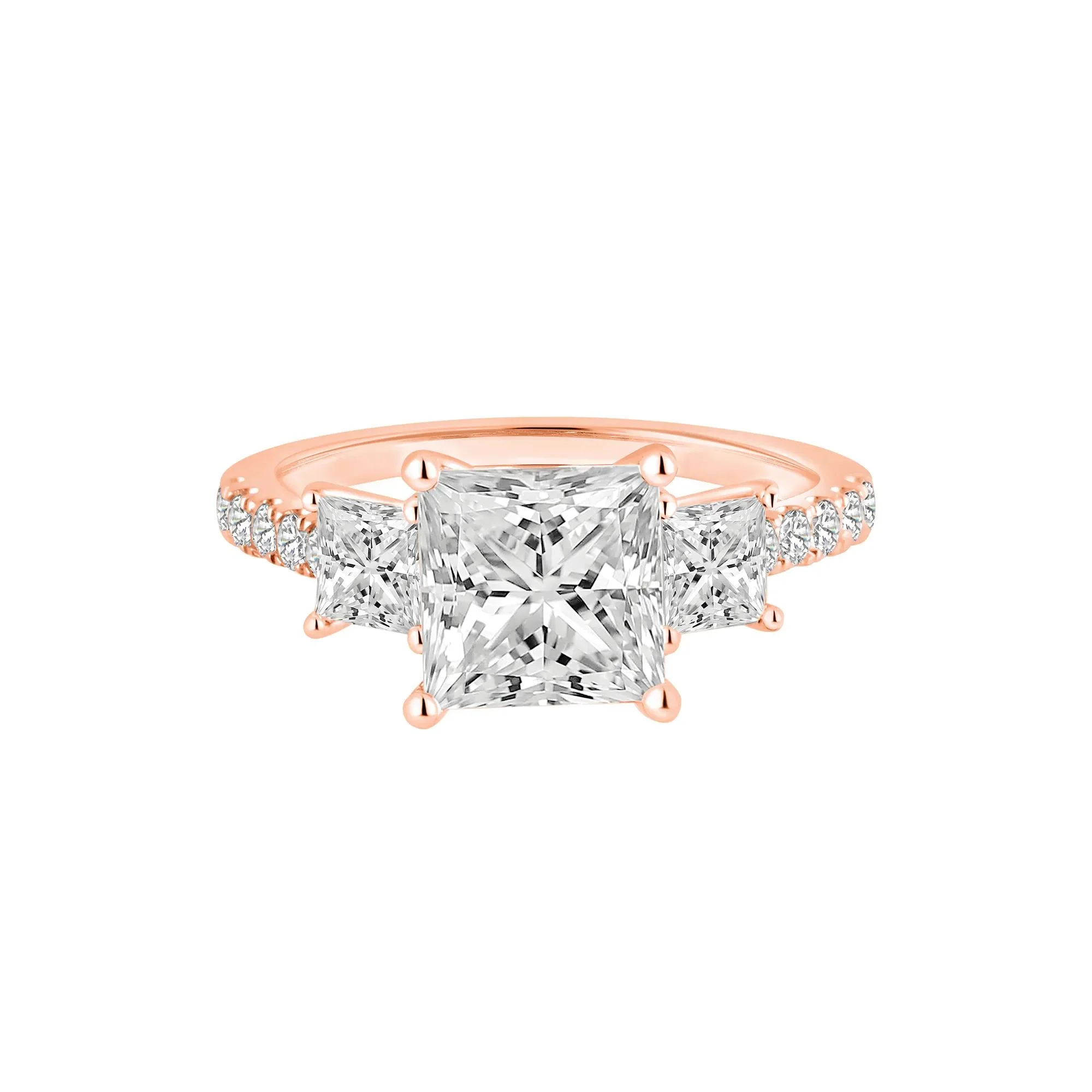 3 CT. Tw. Lab Grown Diamond Princess-Cut Three-Stone Engagement Ring 14K Rose Gold Round Brilliant Cut Size 8.5