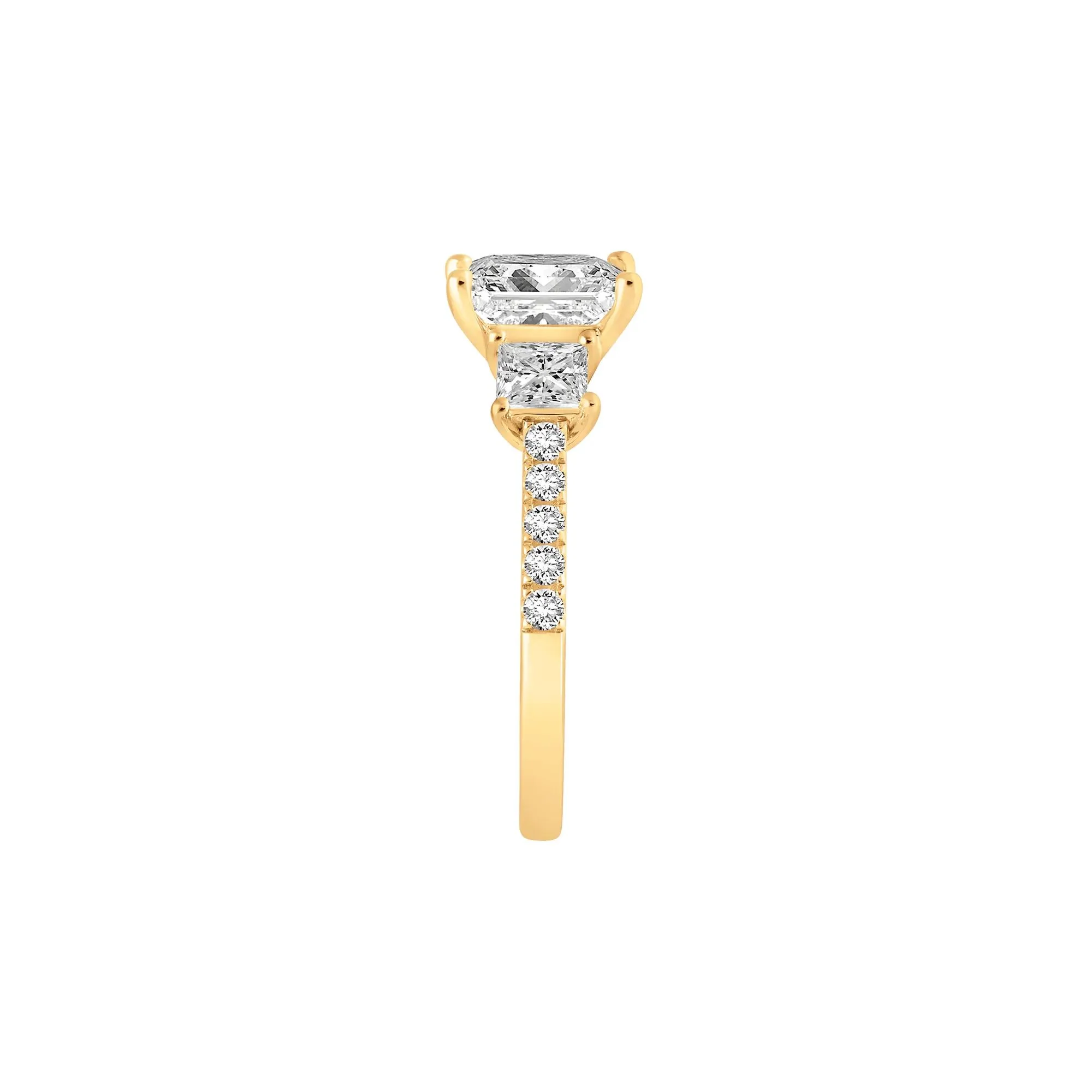 3 CT. Tw. Lab Grown Diamond Princess-Cut Three-Stone Engagement Ring 14K Yellow Gold Round Brilliant Cut Size 6 - Image 3