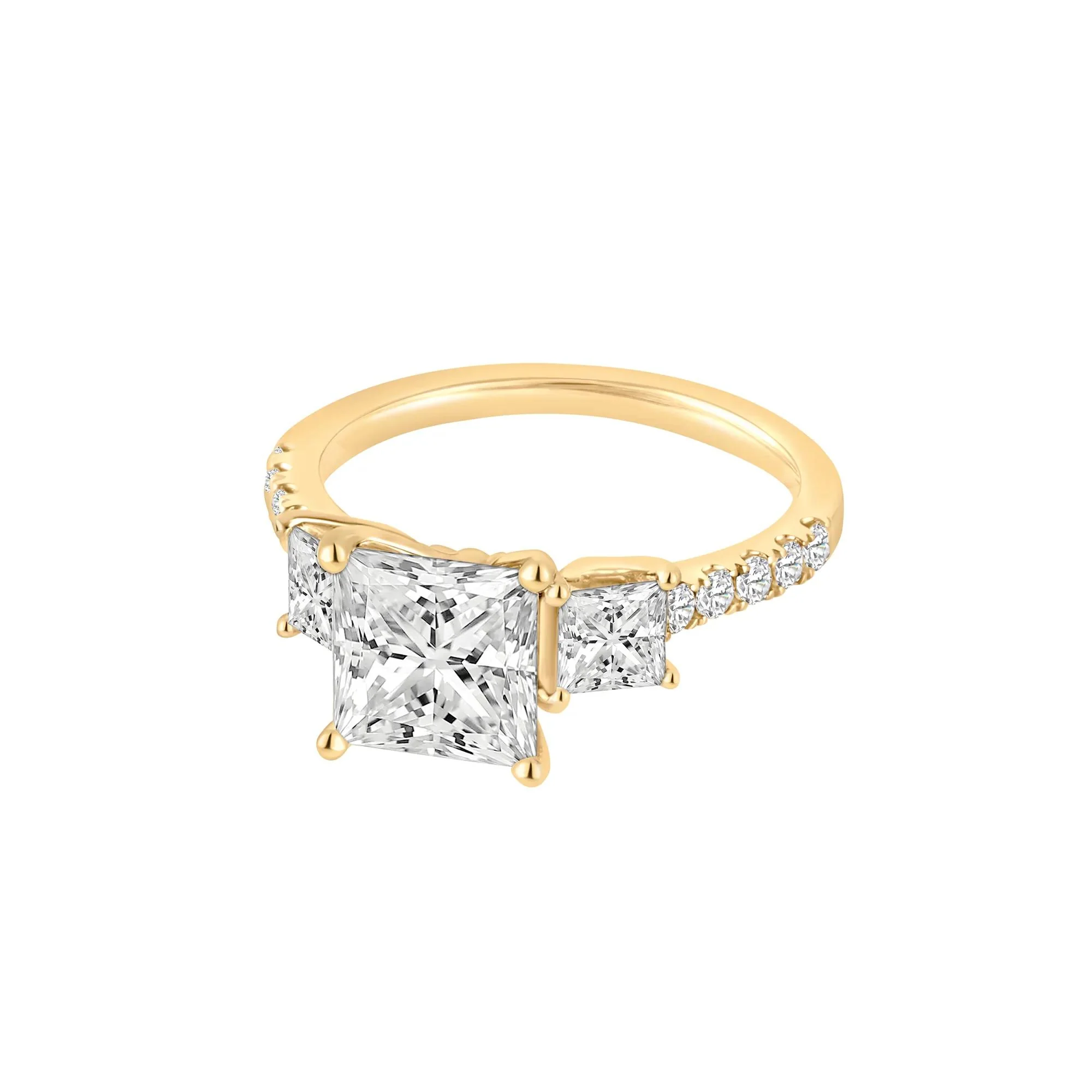 3 CT. Tw. Lab Grown Diamond Princess-Cut Three-Stone Engagement Ring 14K Yellow Gold Round Brilliant Cut Size 8 - Image 4
