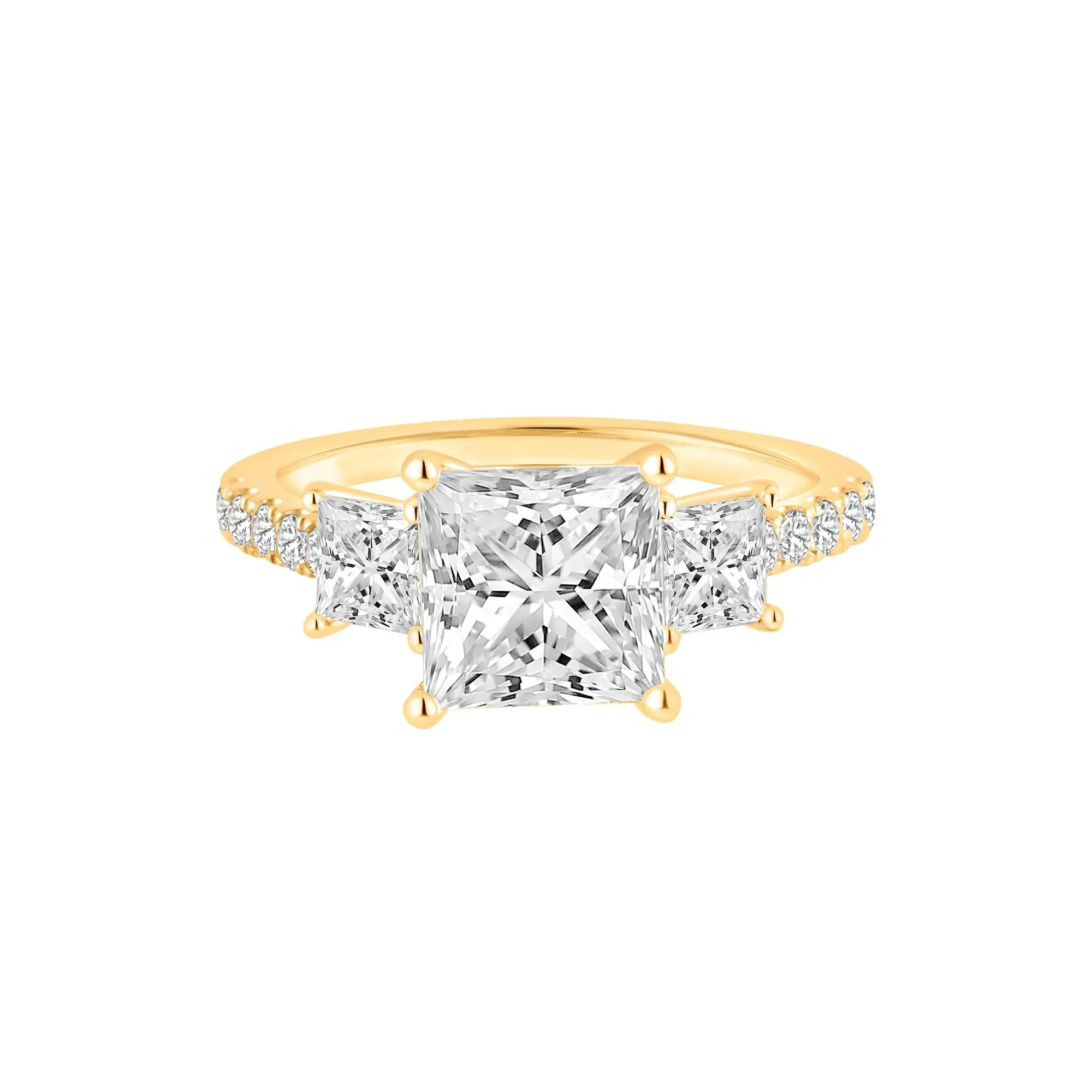 3 CT. Tw. Lab Grown Diamond Princess-Cut Three-Stone Engagement Ring 14K Yellow Gold Round Brilliant Cut Size 8.5