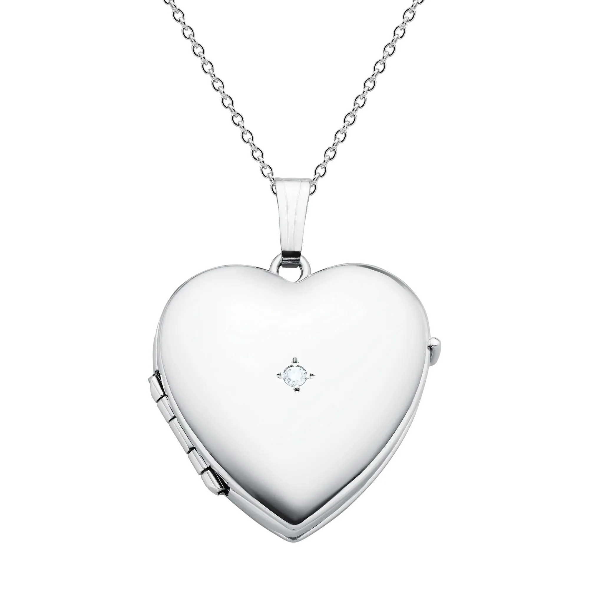 Diamond Accent Heart-Shaped Locket .925 Sterling .925 Sterling Silver Necklace White Size 18"