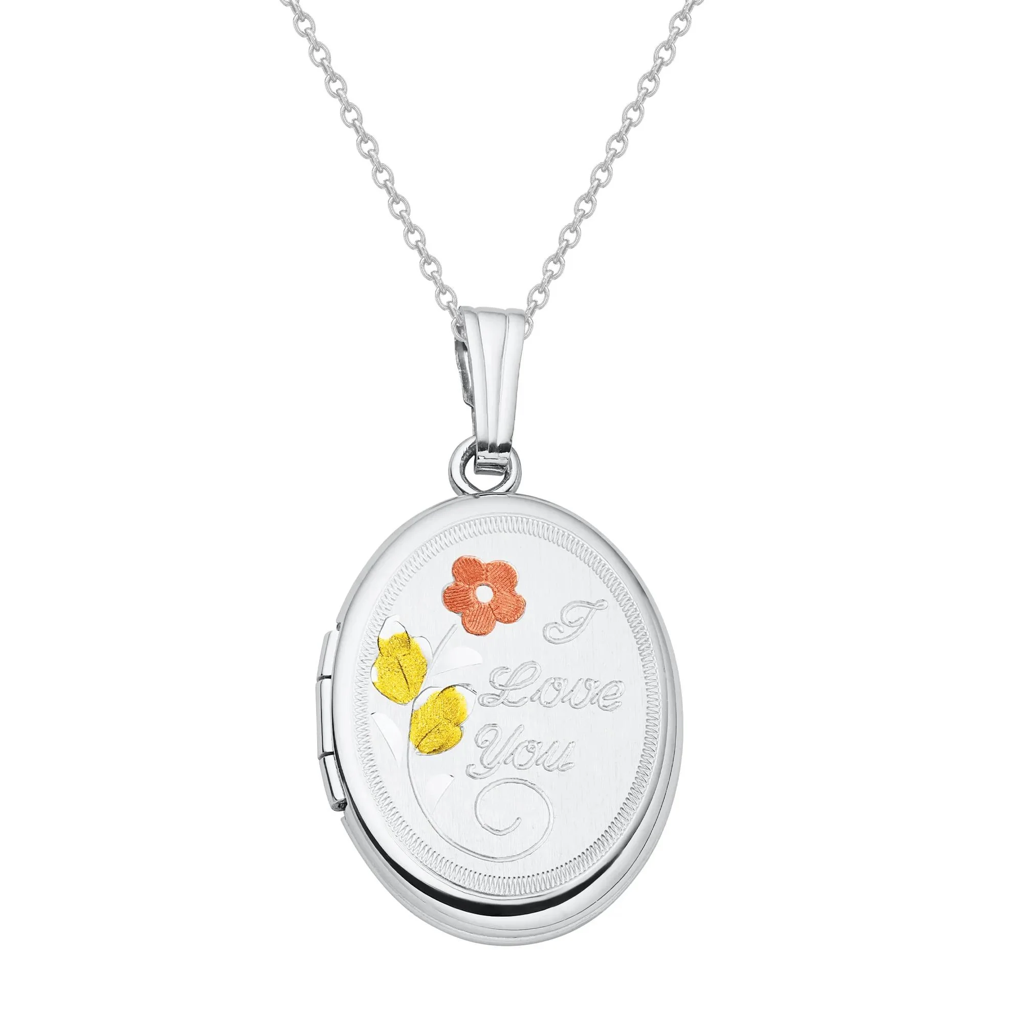 Floral I Love You Oval Locket with White Yellow and Rose-Tone .925 Sterling .925 Sterling Silver Necklace Size 18"