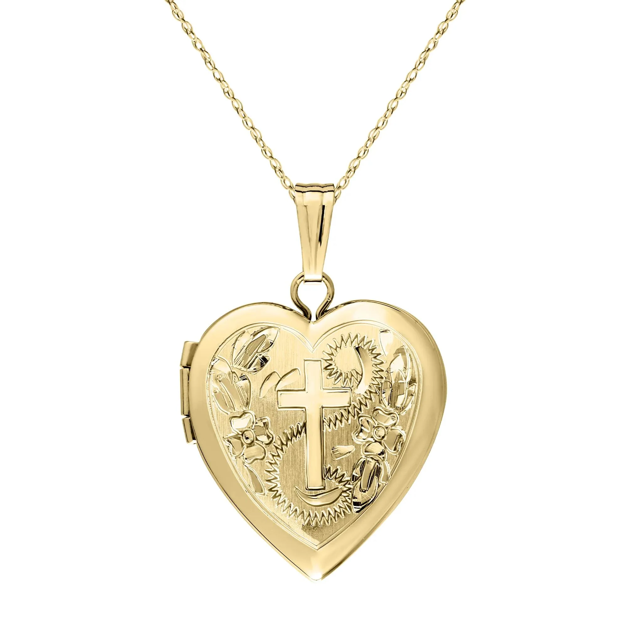 Heart-Shaped Floral Cross Locket 14K Yellow Gold Necklace Size 18"