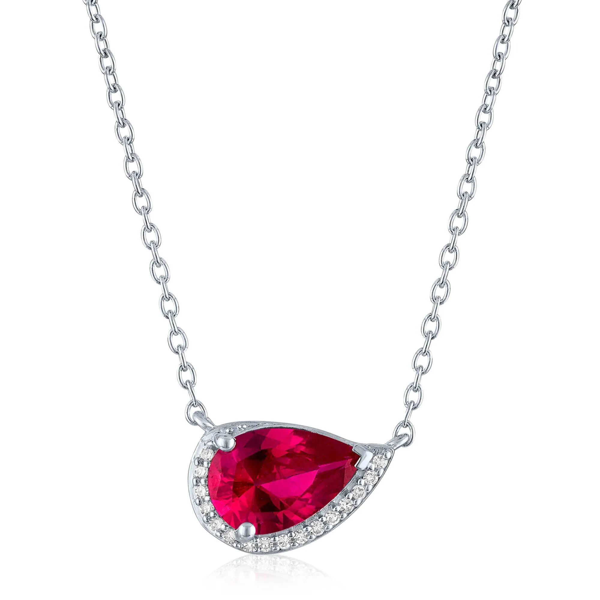 Lab-Created Ruby and Diamond Accent Pear-Shaped Half Halo Necklace .925 Sterling Silver White Size 17.5"